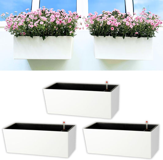 LaLaGreen Wall Planter for Outdoor (3 Pack, 14 Inch) Wall Mounted Self Watering System White Flower Boxes with Bracket, Window Wall Hanging Rectangular Plant Pots Container Indoor Garden Modern Herb