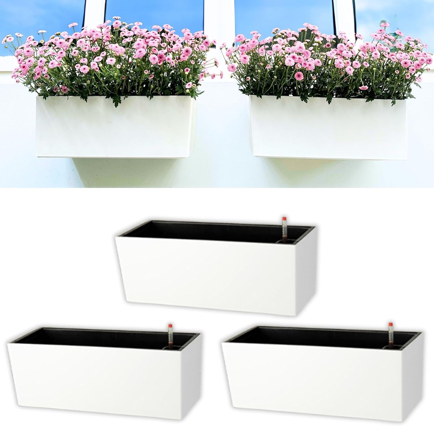 LaLaGreen Wall Planter for Outdoor (3 Pack, 14 Inch) Wall Mounted Self Watering System White Flower Boxes with Bracket, Window Wall Hanging Rectangular Plant Pots Container Indoor Garden Modern Herb