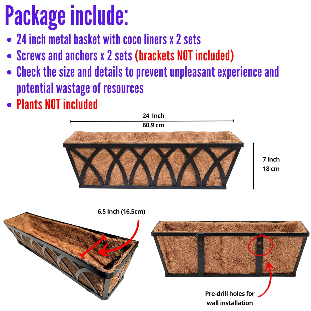 LaLaGreen Wall Planter (2 Pack, 24 Inch) Large Wall Hanging Planter Coco Liner Metal Iron Window Flower Boxes Outdoor Basket Box Attach House Outside Fence Rail Railing Plant Holder Deck Porch Balcony