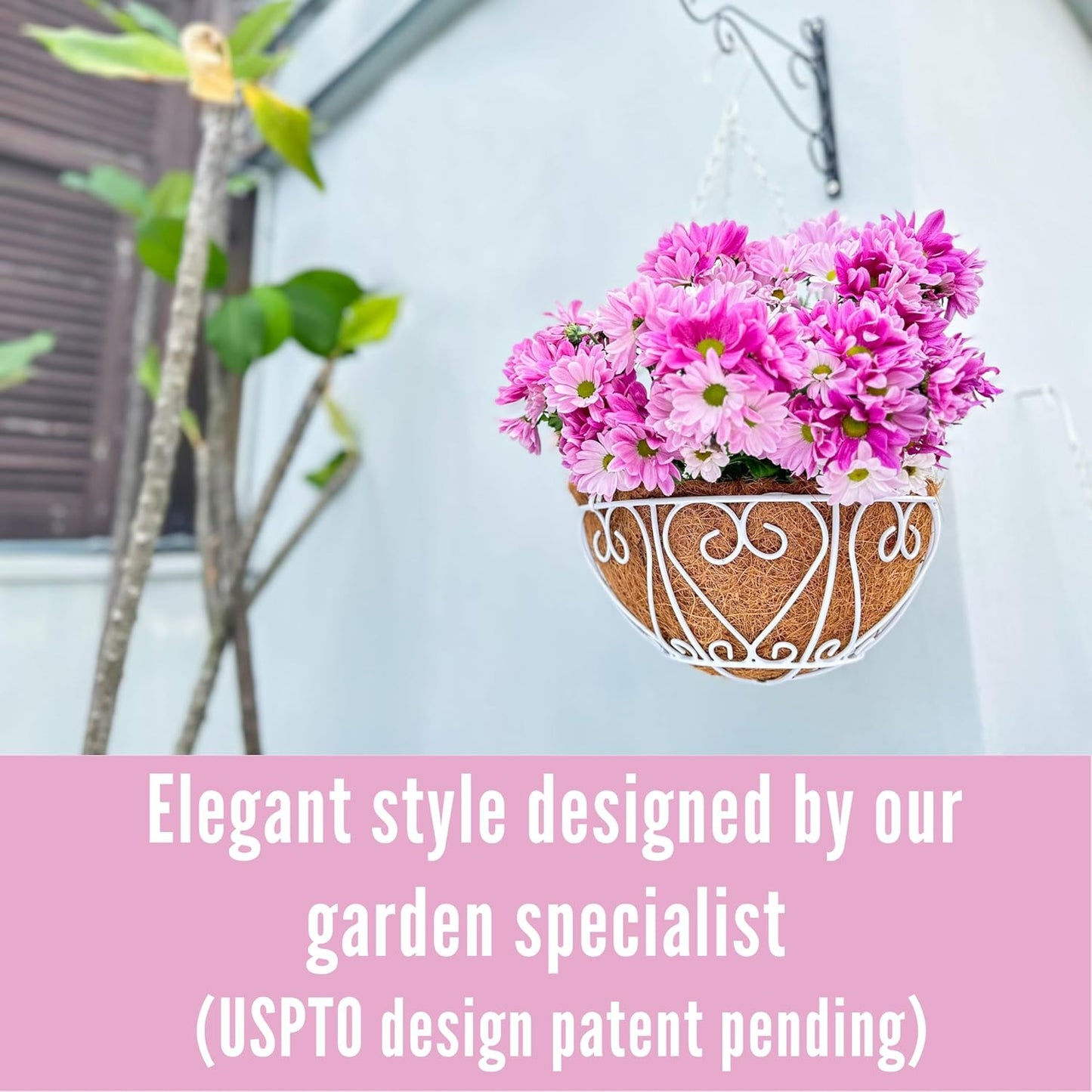 LaLaGreen Hanging Baskets for Plants (4 Pack, 14 Inch) Hanging Flower Pots with Coco Liner, White Metal Wire Round Basket Plant Holder with Hanger Hook Chain Outdoor Deck Patio Balcony Garden Decor