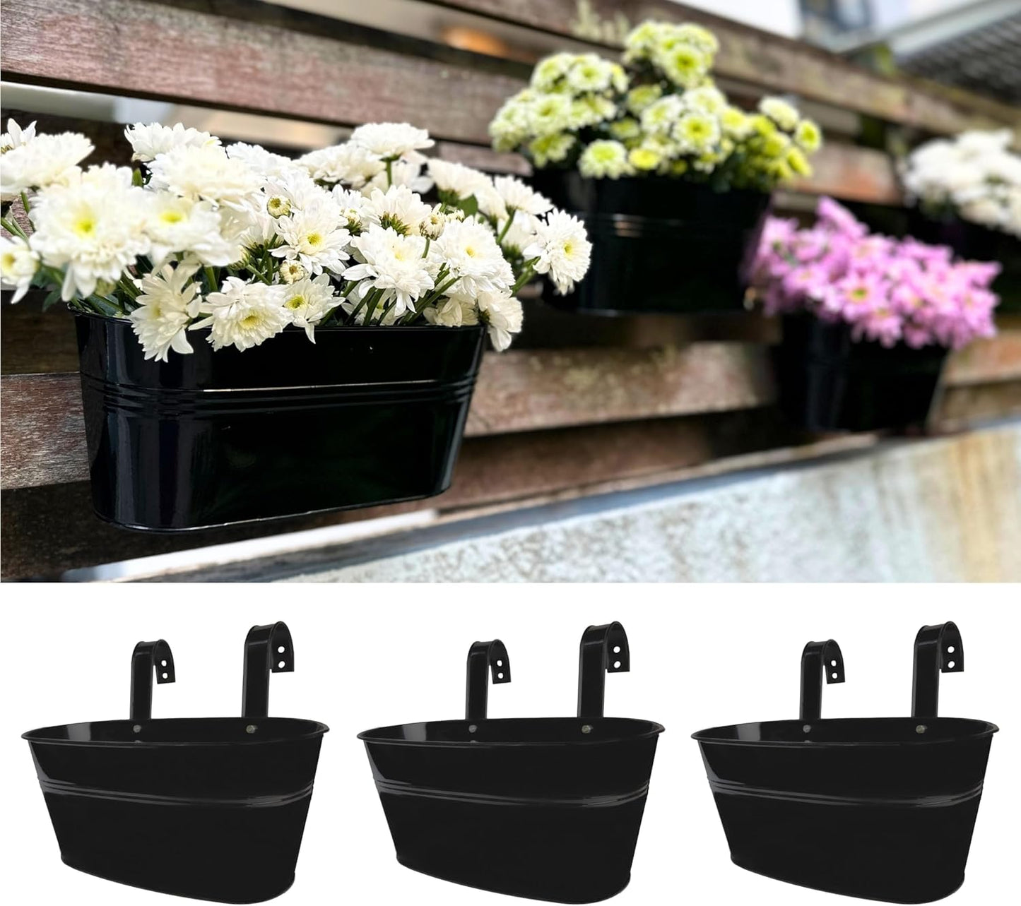 LaLaGreen Outdoor Rail Planter (11.8 Inch, 6 Pack) Black Metal Iron Hanging Flower Pots Deck Railings Fence Buckets Outside Countryside Boho Style Wall Mount Window Box Plant Holder Hook Porch Decor
