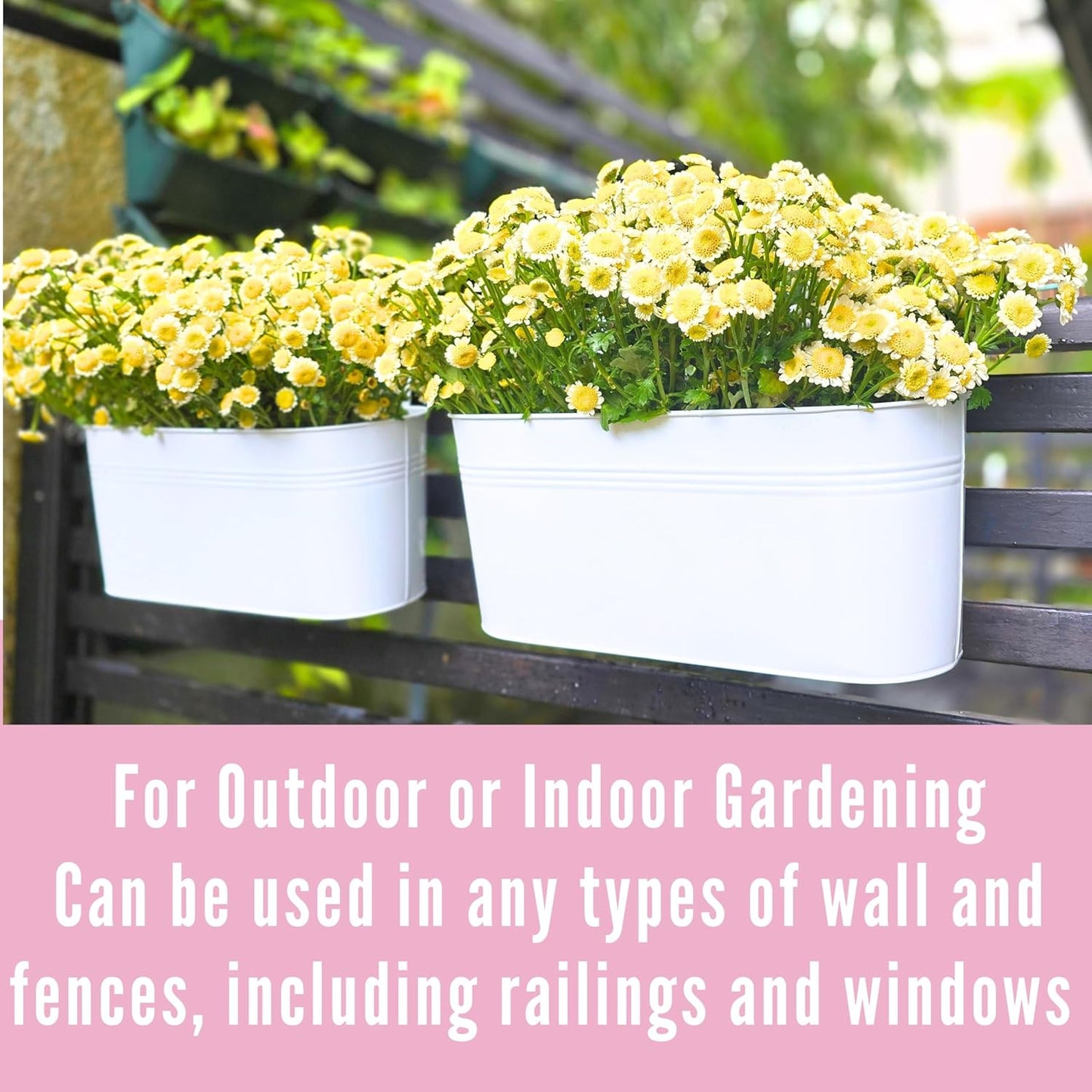 LaLaGreen Outdoor Plants Rail Planter (2 Pack, 15 Inch) White Metal Iron Hanging Flower Pot Deck Railing Fence Bucket Modern Boho Style Wall Mount Window Box Plant Holder Hooks Porch Herb Garden Decor