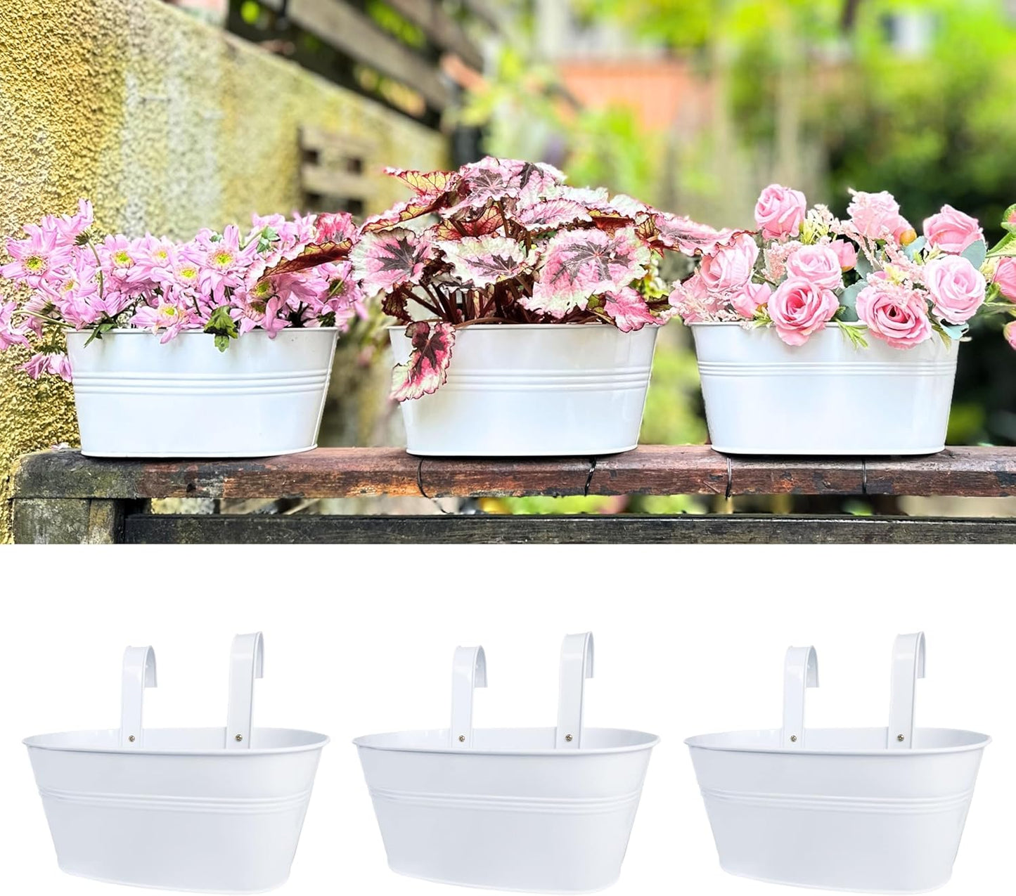 LaLaGreen Outdoor Plants Rail Planter (11.2 Inch, 3 Pack) White Metal Iron Hanging Flower Pots Deck Railings Fence Balcony Modern Boho Style Wall Mount Window Box Plant Holder Hooks Porch Home Decor