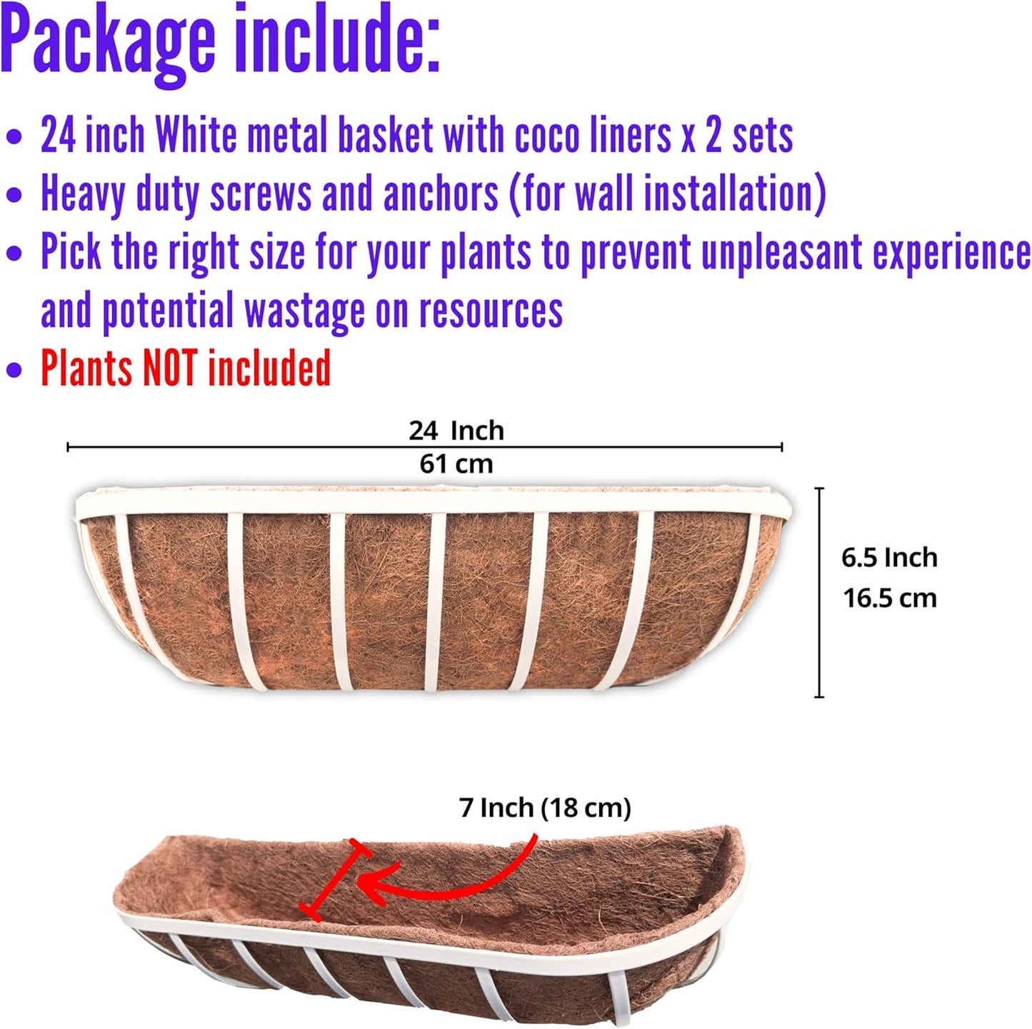LaLaGreen Window Planter Box (24 Inch, 2 Pack) White Metal Deck Railing Flower Boxes with Coco Liners, Rectangular Wall Planters for Outdoor Plants Horse Troughs Fence Balcony Garden Herb Patio Porch