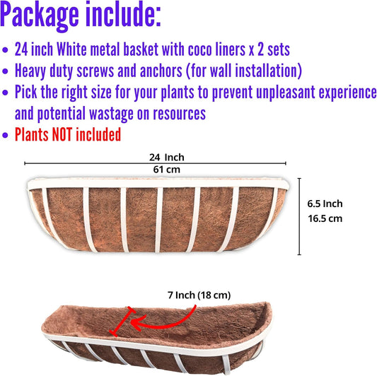 LaLaGreen Window Planter Box (24 Inch, 2 Pack) White Metal Deck Railing Flower Boxes with Coco Liners, Rectangular Wall Planters for Outdoor Plants Horse Troughs Fence Balcony Garden Herb Patio Porch