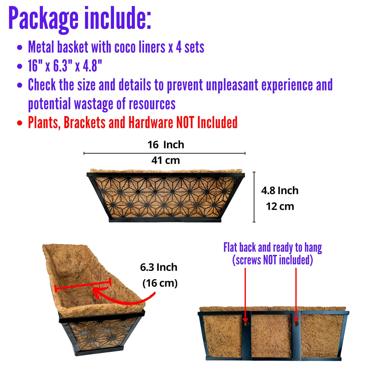 LaLaGreen Flower Wall Planter (12 in, 2 Pack) Black Fence Window Box