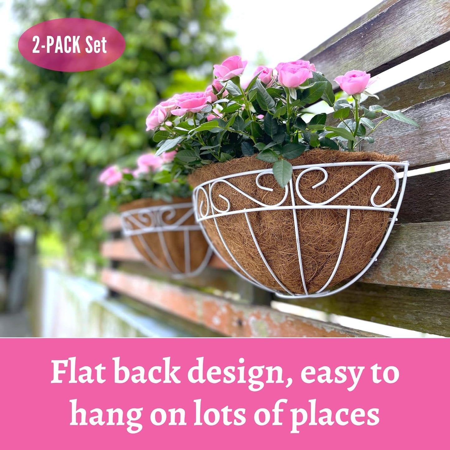 LaLaGreen Wall Mounted Flower Baskets (2 Pack, 16 Inch) Extra Large Deck Rail Hanging Planters with Coco Liner for Outdoor Plants White Metal Wire Herb Pots Holder Fence Railing Porch Patio Garden