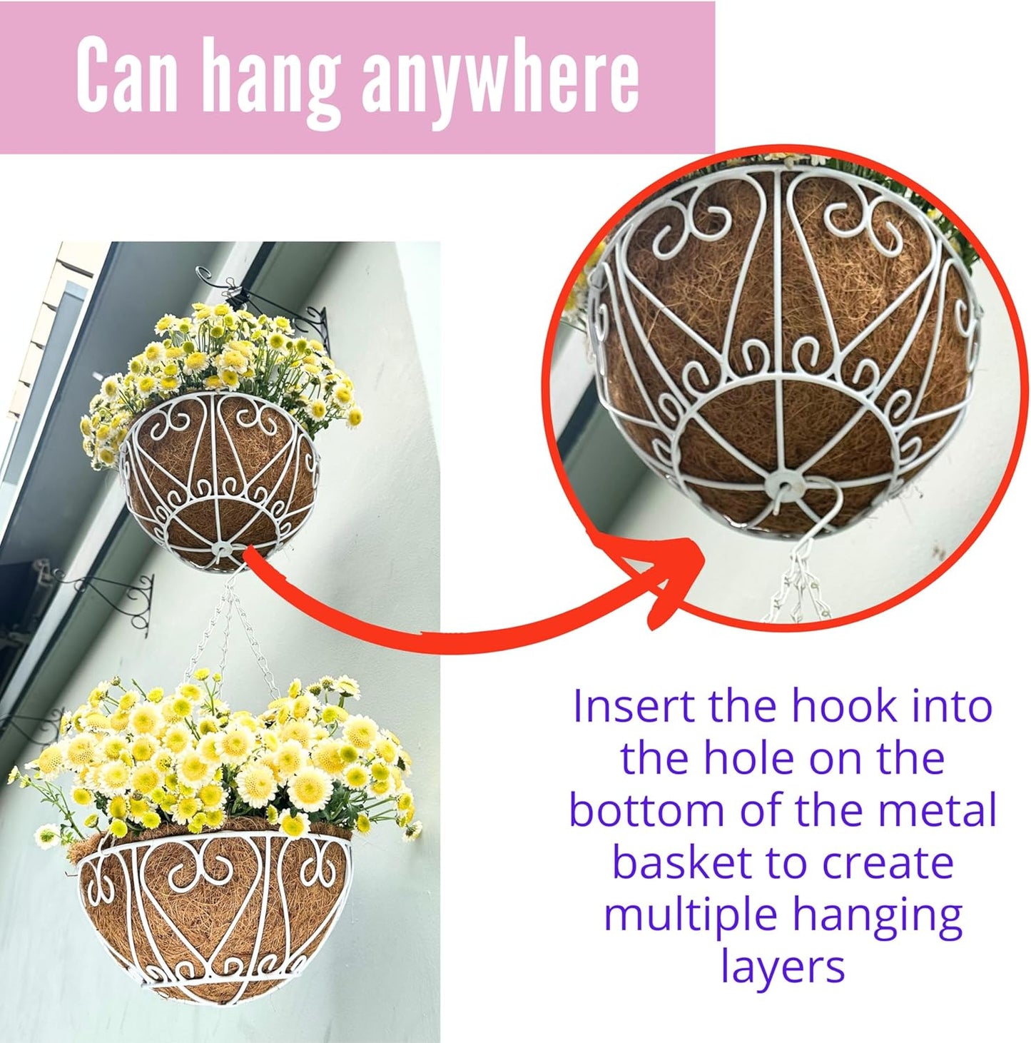 LaLaGreen Hanging Baskets for Plants (4 Pack, 14 Inch) Hanging Flower Pots with Coco Liner, White Metal Wire Round Basket Plant Holder with Hanger Hook Chain Outdoor Deck Patio Balcony Garden Decor