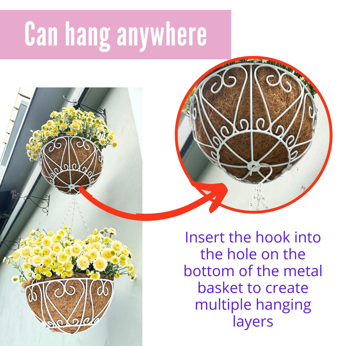 LaLaGreen Metal Hanging Baskets (10 in, 2 Pack) White Coco Liner Plant Pots