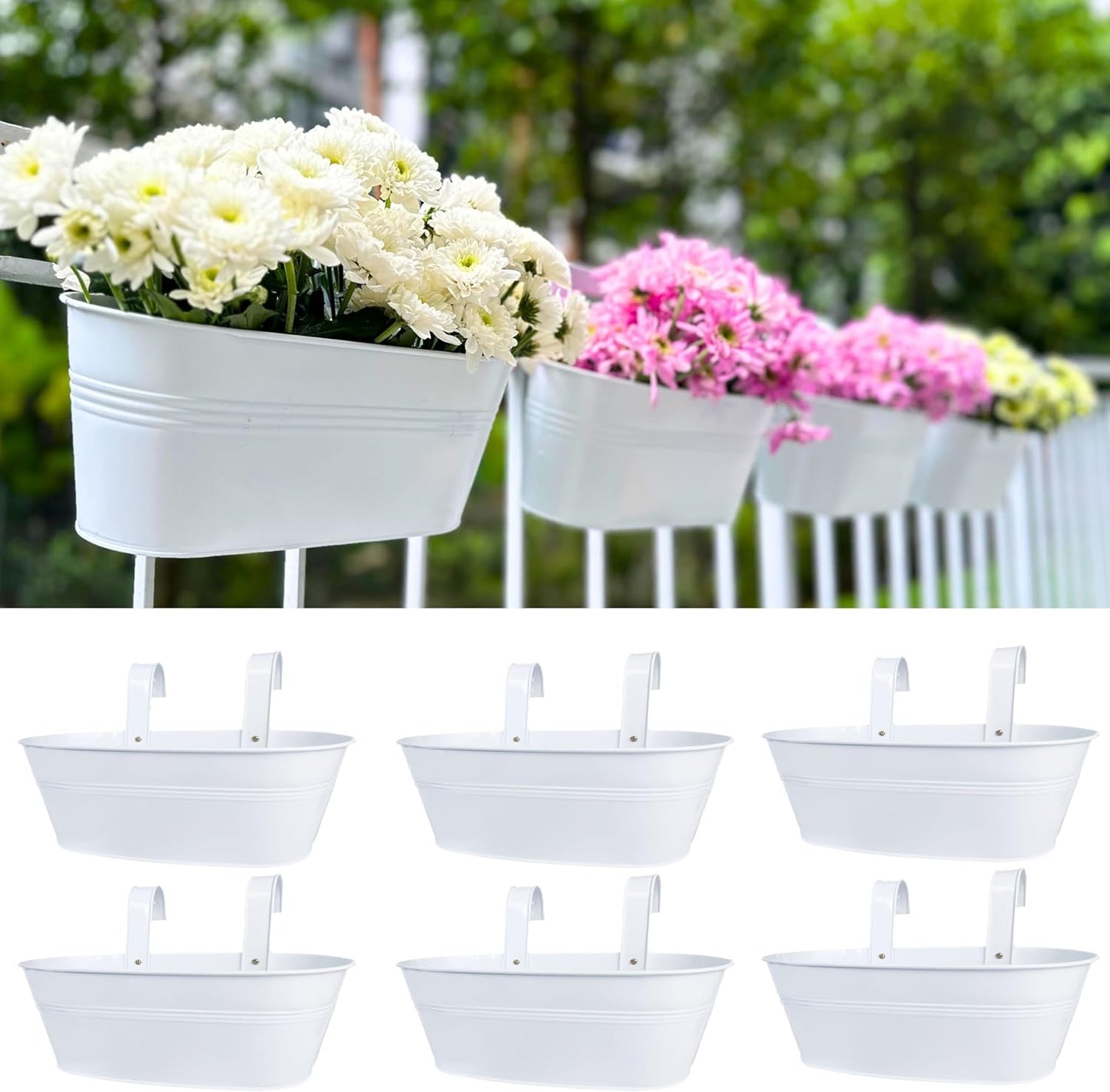 LaLaGreen Outdoor Plants Rail Planter (4 Pack, 16 Inch) White Metal Iron Hanging Flower Pots Deck Railings Fence Buckets Modern Boho Style Wall Mount Window Boxes Plant Holder Hooks Porch Home Decor