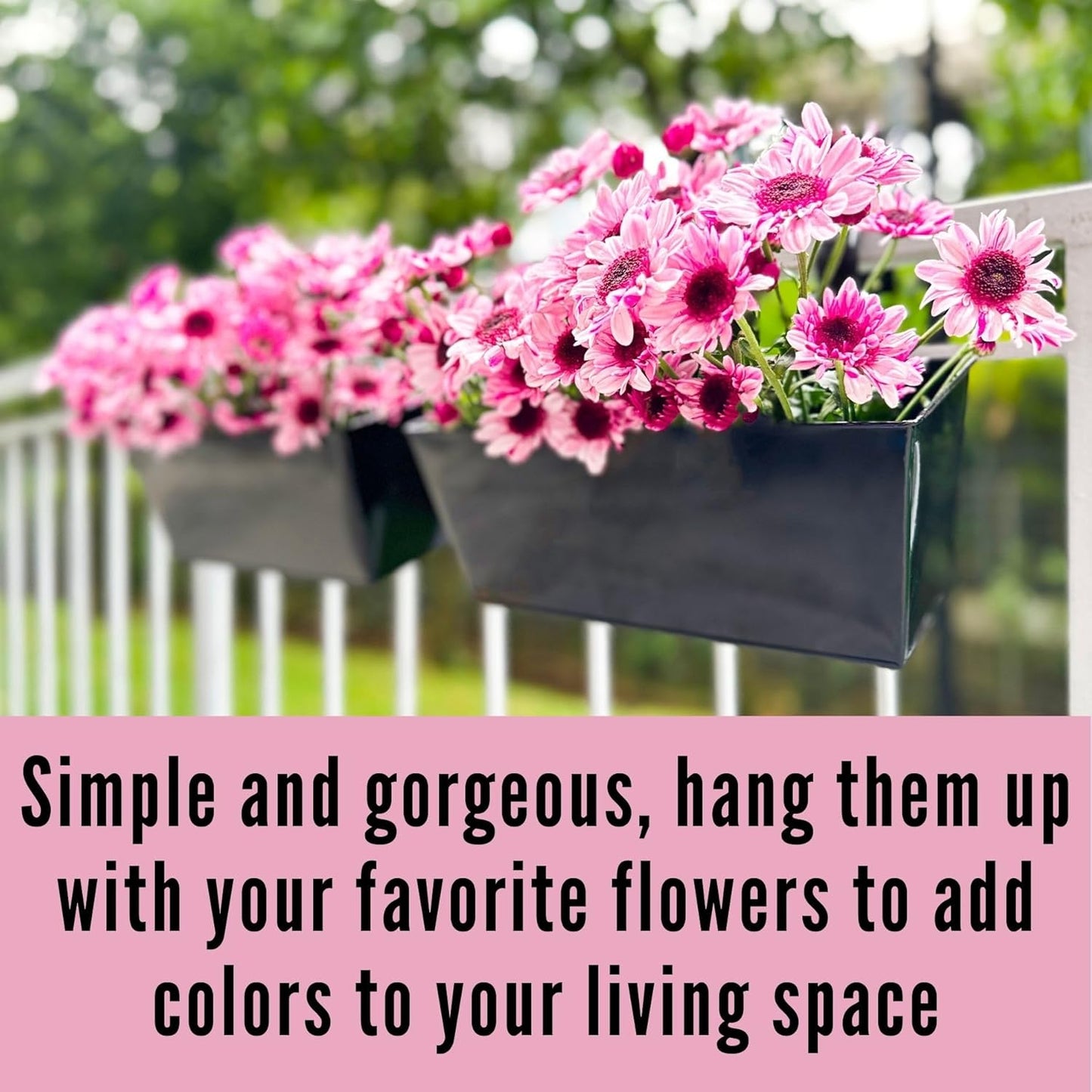 LaLaGreen Rail Planter Box (4 Pack, 12 Inch) Black Metal Strawberry Outdoor Hanging Flower Bucket with Drainage Handle Hook, Rectangle Balcony Deck Fence Plant Holder Window Boxes Rustic Home Decors