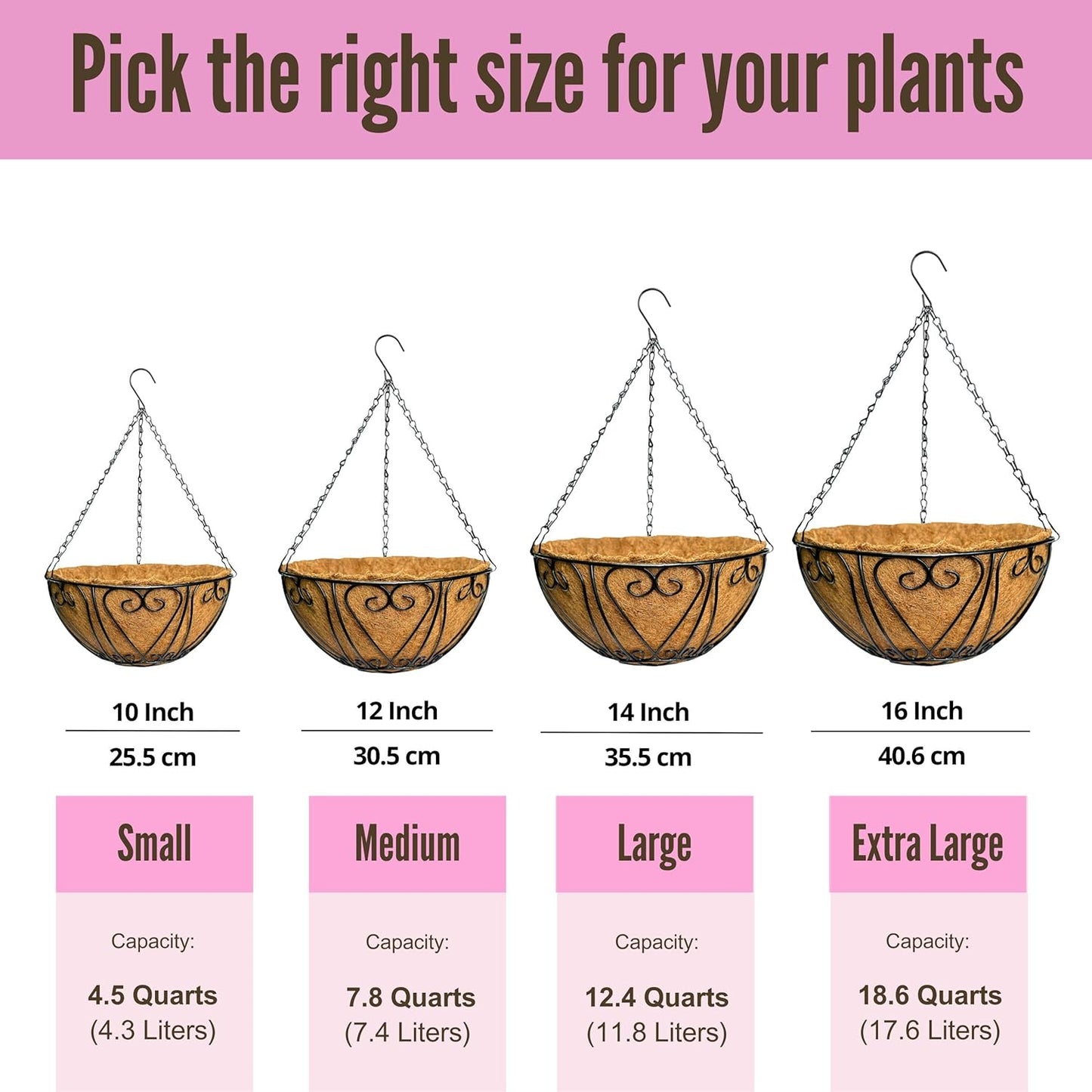 LaLaGreen Hanging Baskets for Plants (6 Pack, 16 Inch) Extra Large Hanging Flower Pot with Coco Liner Black Metal Wire Round Plants Holder with Hanger Hook Chain Outdoor Porch Patio Deck Balcony Decor