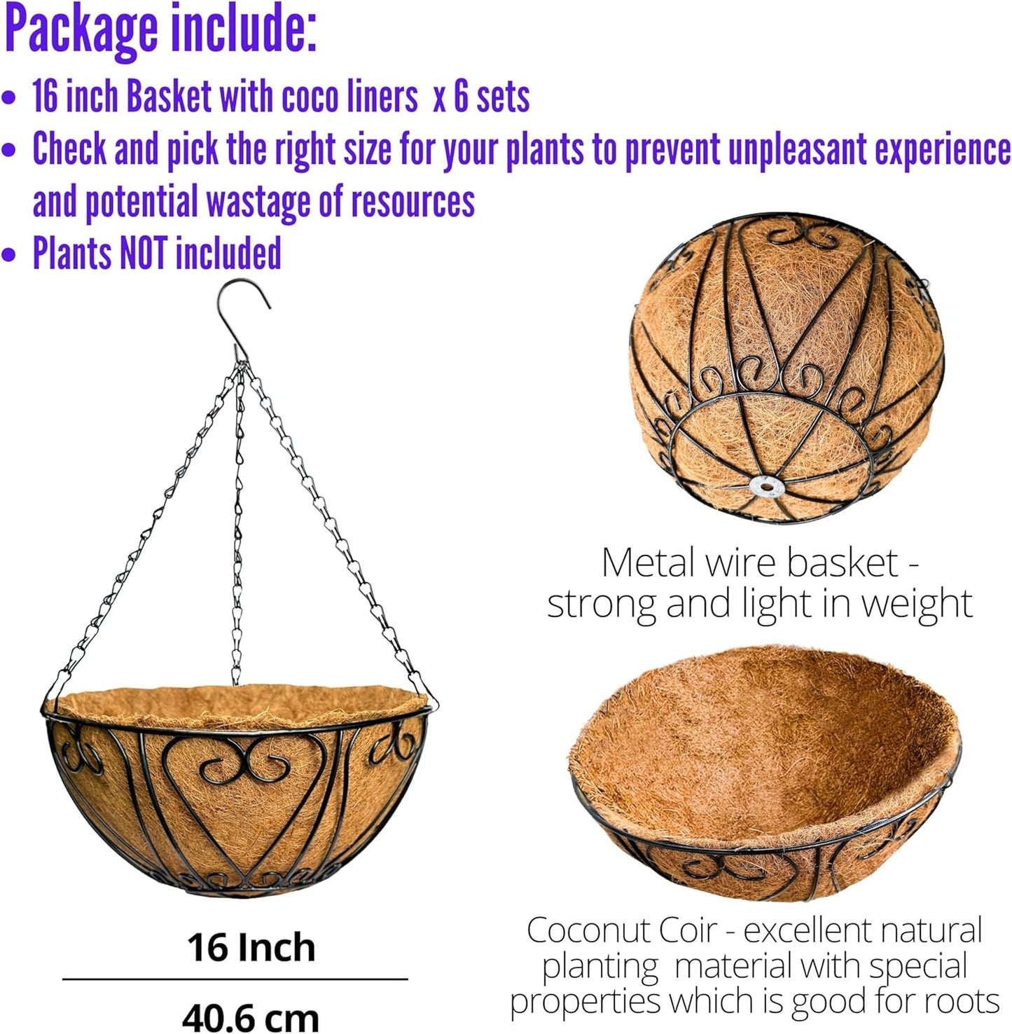 LaLaGreen Hanging Baskets for Plants (6 Pack, 16 Inch) Extra Large Hanging Flower Pot with Coco Liner Black Metal Wire Round Plants Holder with Hanger Hook Chain Outdoor Porch Patio Deck Balcony Decor