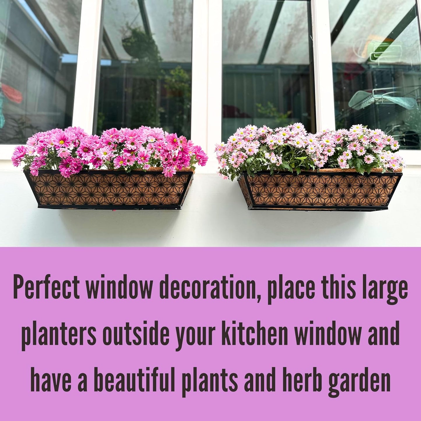 LaLaGreen Window Boxes Planter for Outdoor Plants (4 Pack, 24 Inch) Black Metal Rectangular Flower Pot Wall Planters with Coco Liner, Modern Stylish Horse Trough Railing Deck Rail Fence Balcony Patio