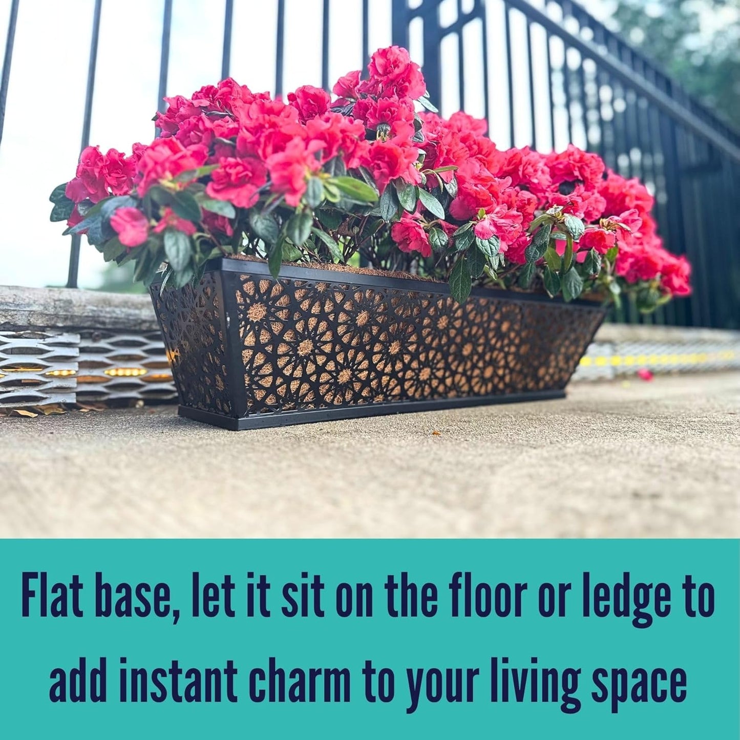 LaLaGreen Window Planter Boxes Outdoor (4 Pack, 24 Inch) Large Fence Hanging Planters Outdoor Plants, Metal Deck Railing Flower Box with Coco Liner, Modern Horse Troughs Balcony Pots Patio Porch Rail