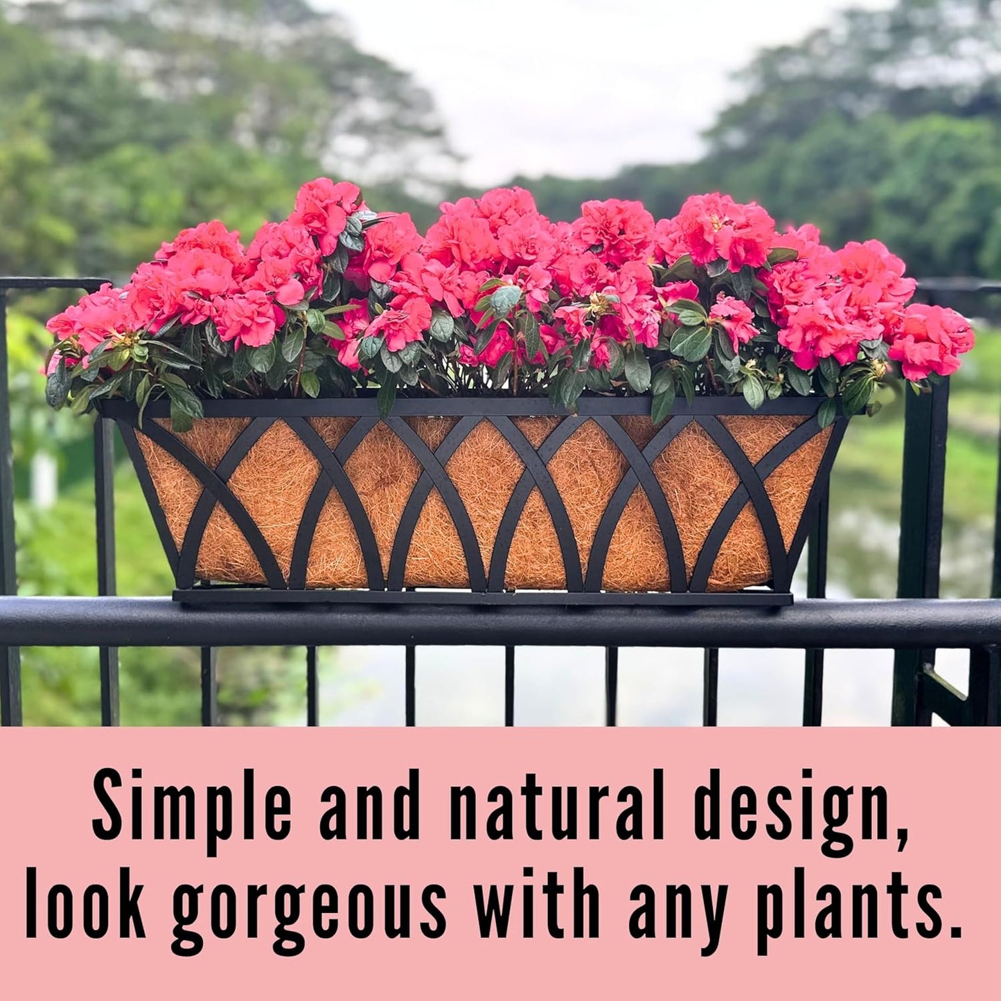 LaLaGreen Railing Planter Boxes (24 Inch, 2 Pack) Black Metal Rectangular Window Flower Box with Coco Liner, Hanging Planters for Outdoor Plants Bracket Holder Deck Rail Fence Balcony Porch Garden