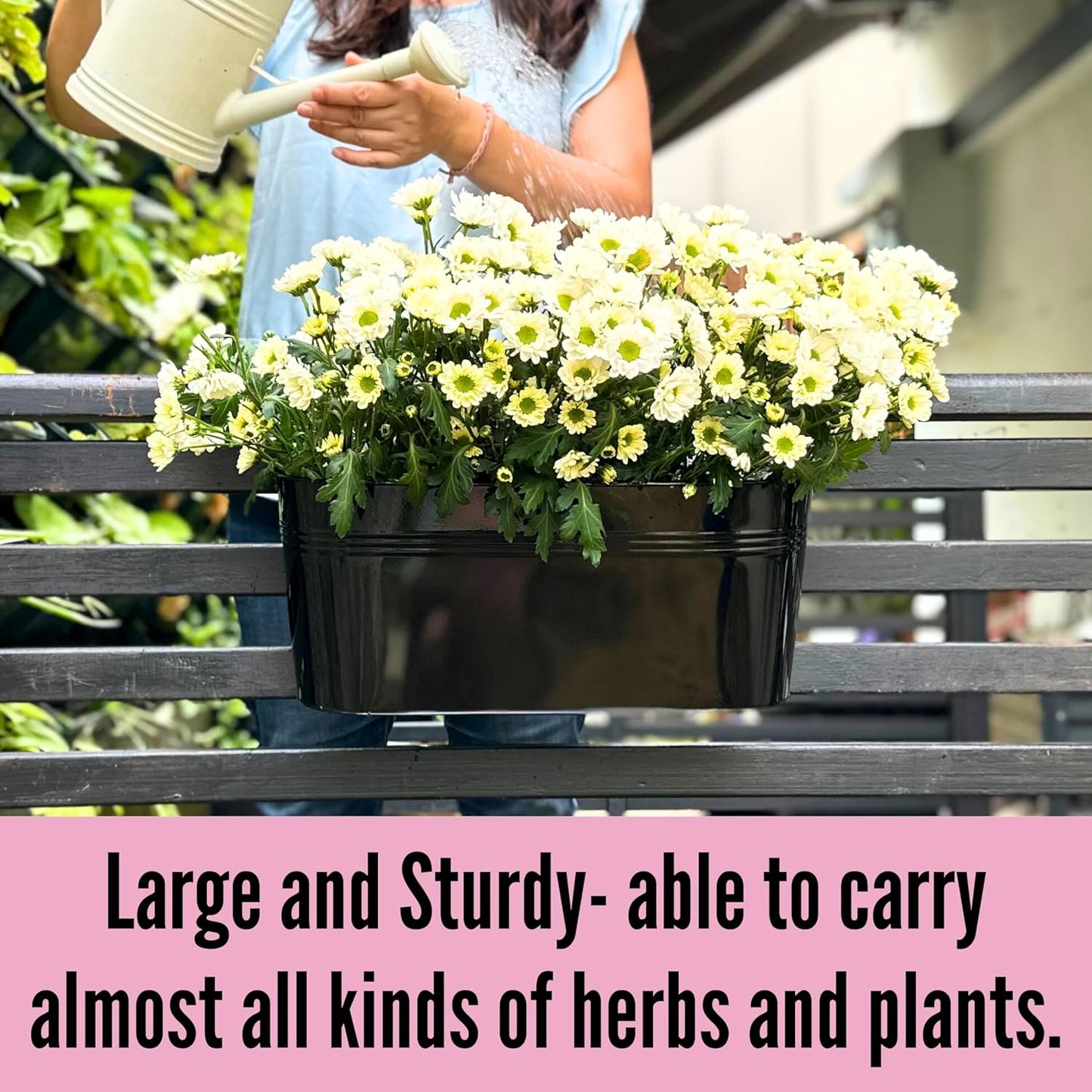 LaLaGreen Deck Railing Planter Box (17 Inch, 2 Pack) Large Black Metal Window Flower Boxes Outdoor, Wall Hanging Planters Plant Holder Hooks Fence Rail Bucket Modern Countryside Boho Style Patio Porch