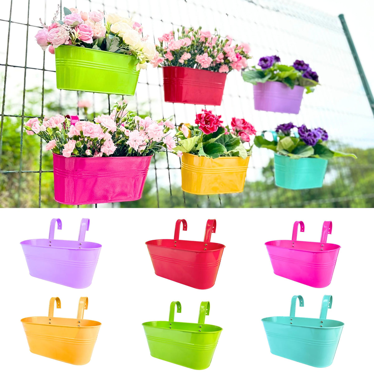 LaLaGreen Colorful Oval Metal Railing Planter Boxes