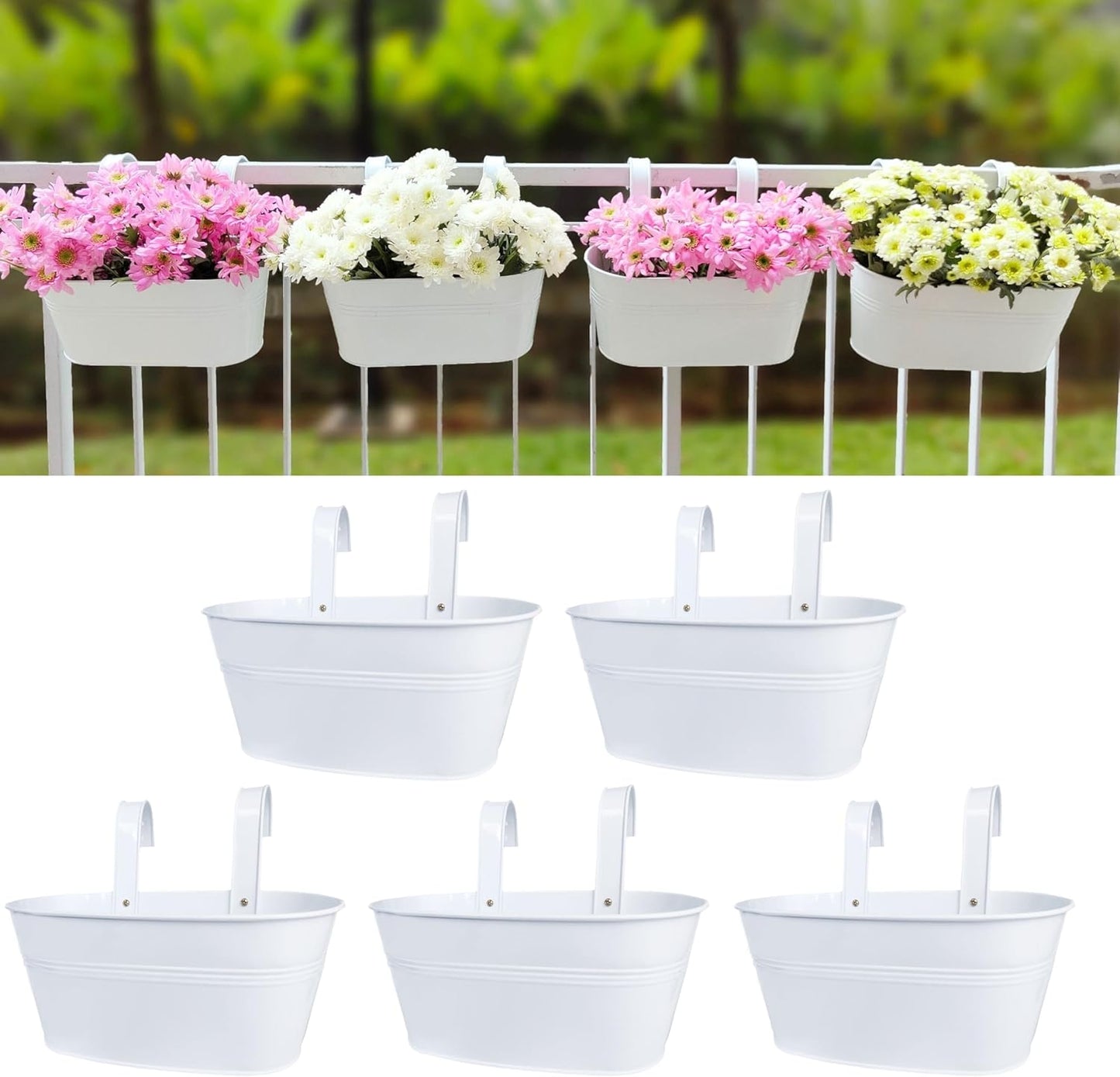 LaLaGreen Outdoor Plants Rail Planter (11.2 Inch, 3 Pack) White Metal Iron Hanging Flower Pots Deck Railings Fence Balcony Modern Boho Style Wall Mount Window Box Plant Holder Hooks Porch Home Decor