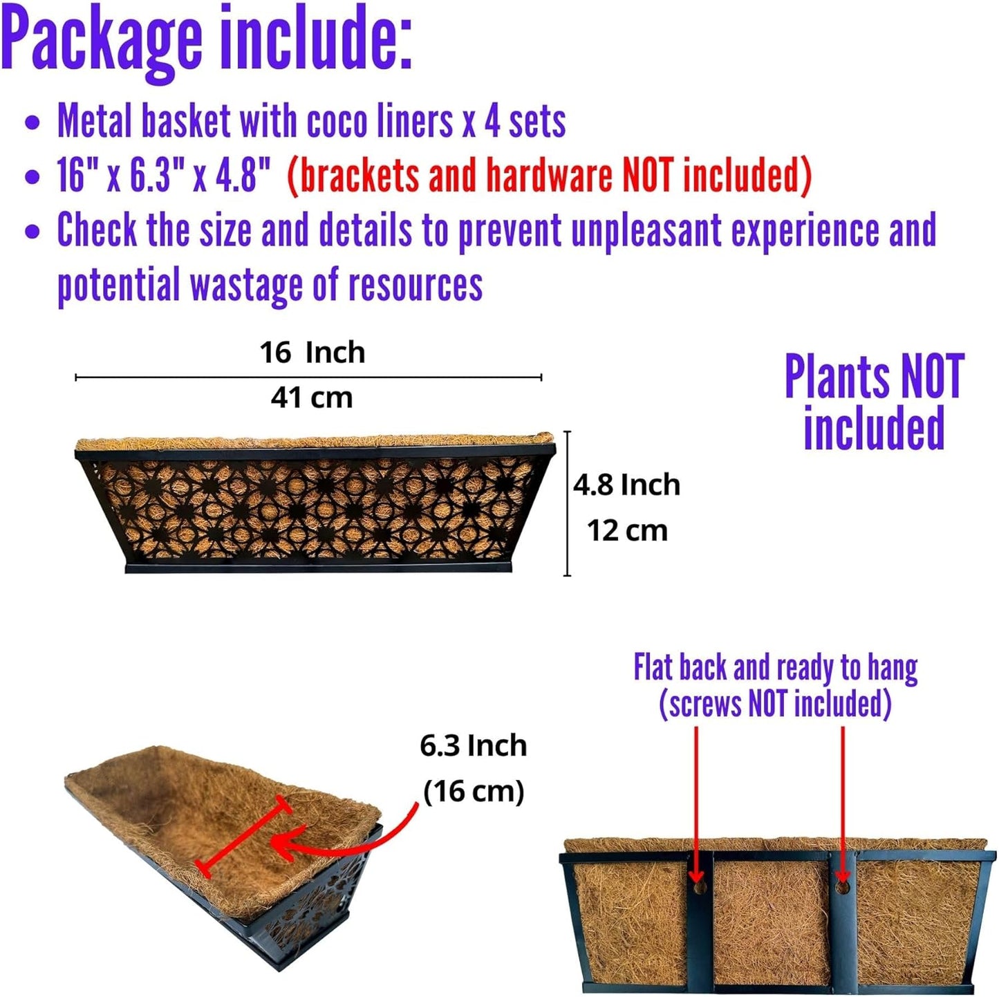 LaLaGreen Window Box Planter for Outdoor Plants (4 Pack, 16 Inch) Black Metal Rectangular Flower Pot Wall Planters with Coco Liner, Modern Horse Trough Railing Garden Balcony, Patio, Fence, and Deck