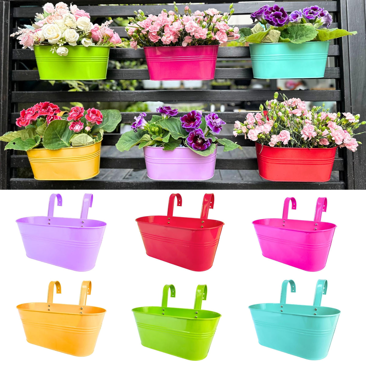 LaLaGreen Colorful Oval Metal Railing Planter Boxes