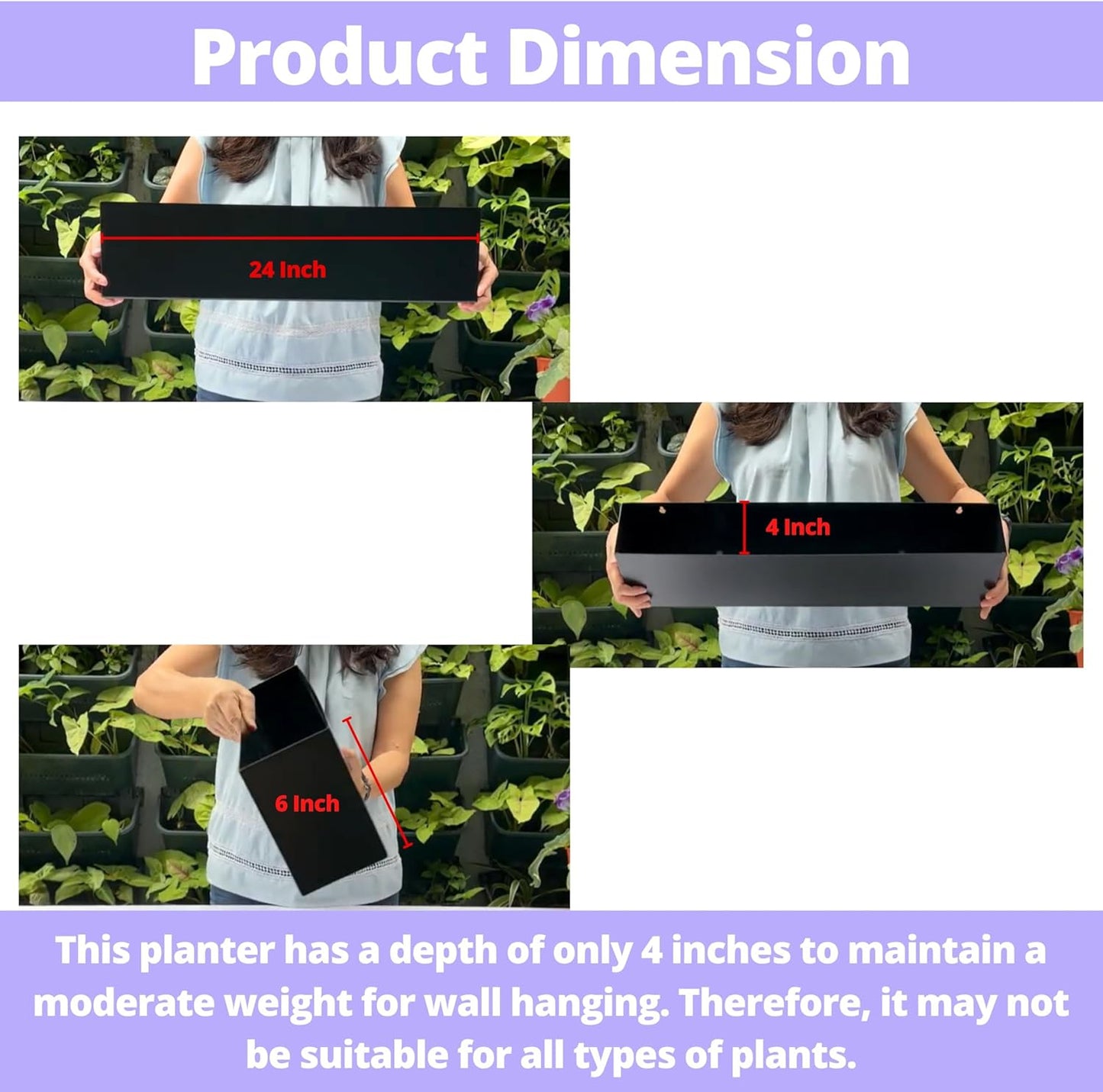 LaLaGreen Wall Planter (24 Inch, 2 Pack) Rectangular Metal Hanging Flower Pot for Succulents Carbon Steel Black, Long Window Sill Box Modern Fence Floating Garden Shelf for Deck Indoor Outdoor Decor