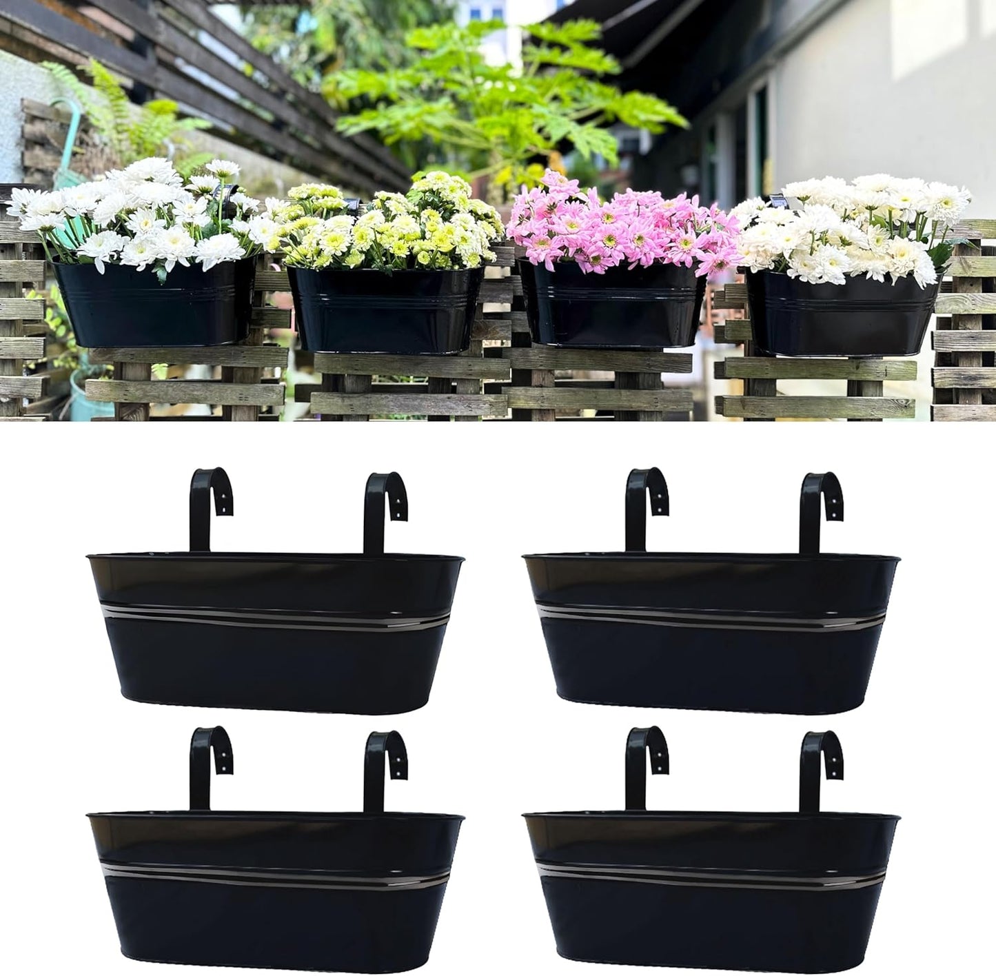 LaLaGreen Outdoor Plants Rail Planter (15 Inch, 2 Pack) Black Metal Iron Hanging Flower Pots Deck Railings Fence Balcony Buckets Modern Boho Style Window Box Plant Holder Hooks Porch Home Garden Decor