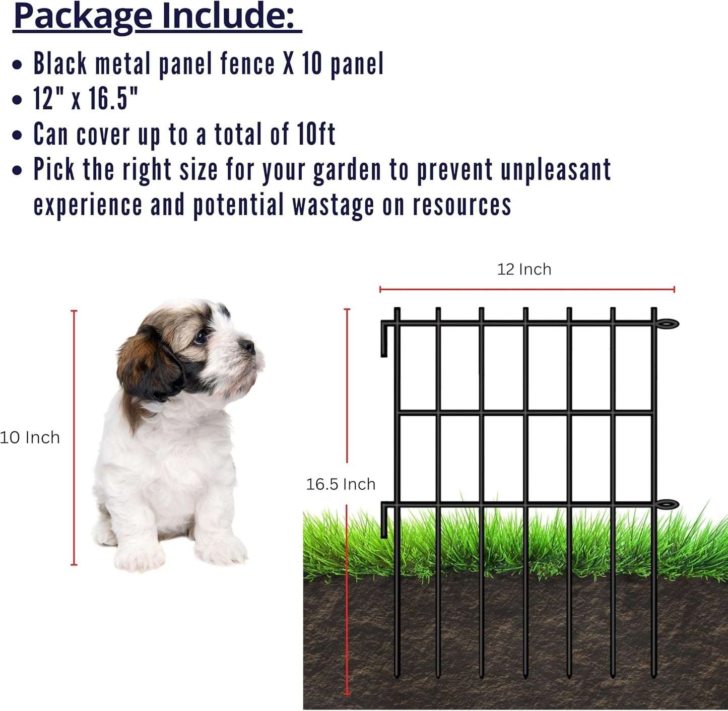 ShopLaLa Garden Fence (10 Panels) 12in(L) x 16.5in(H) Rustproof Metal Wire Animal Barrier Fence Flower Edging for Landscape Patio Outdoor Decor, Small Dog Fences for the Back Yard No Dig Black D-L16.5