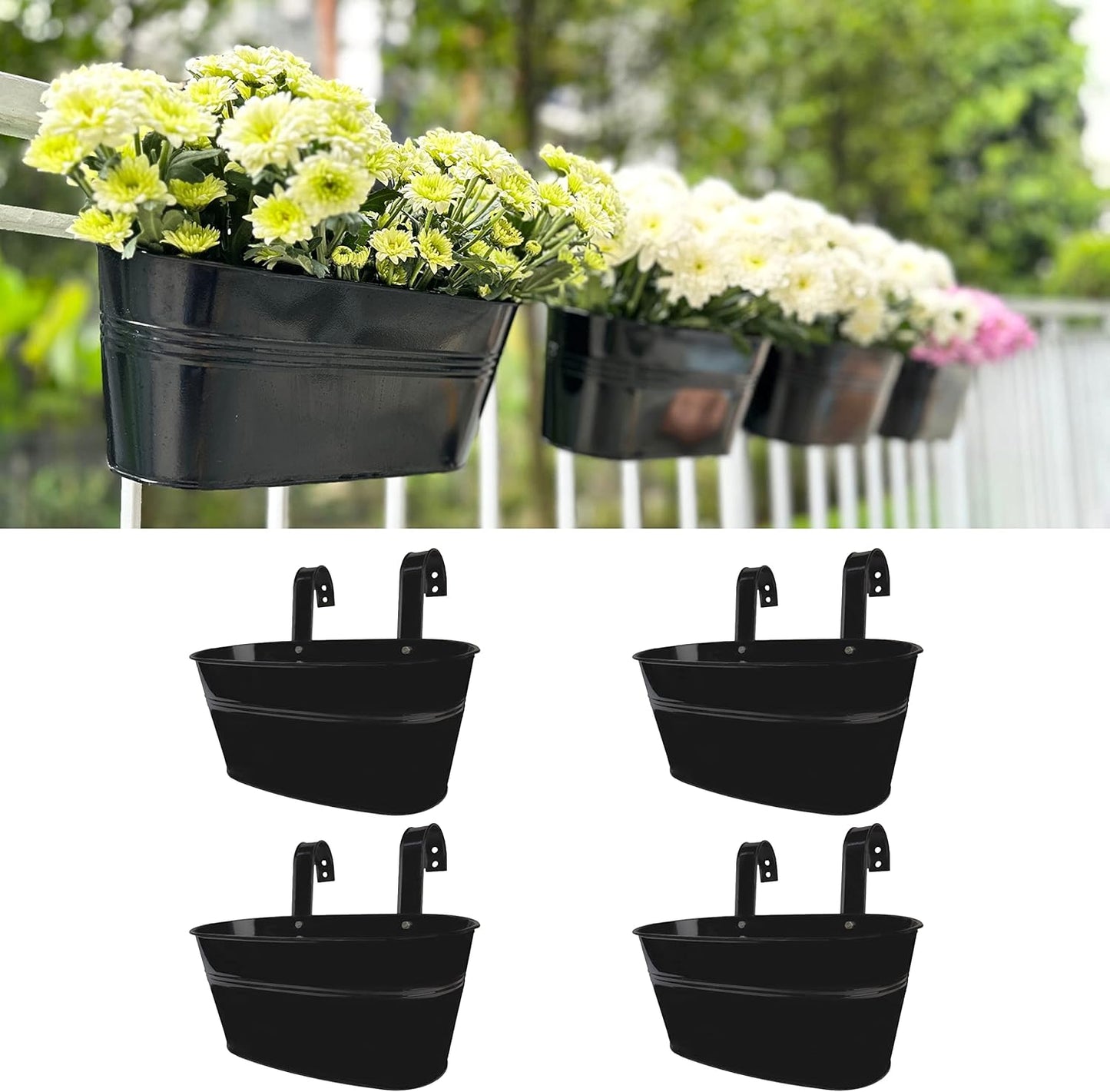 LaLaGreen Rail Planter Outdoor Plants(5 Pack, 11.8 Inch) Black Metal Iron Hanging Flower Pots Deck Railings Fence Buckets Modern Countryside Boho Style Wall Mount Window Box Plant Holder Porch Decor