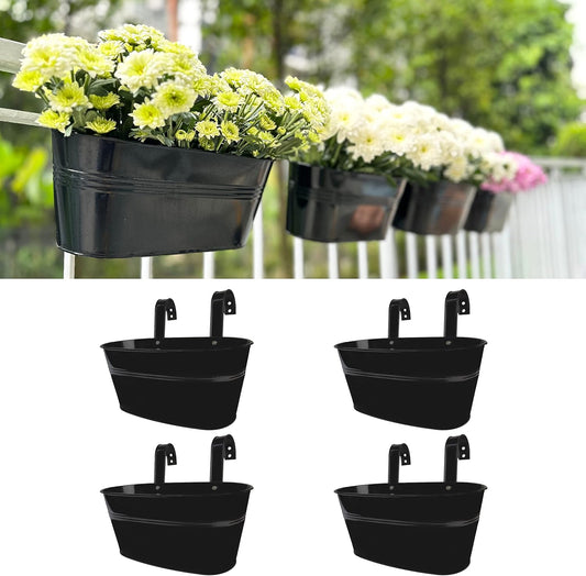 LaLaGreen Outdoor Rail Planter (11.8 Inch, 4 Pack) Black Metal Iron Hanging Flower Pots Deck Railings Fence Buckets Modern Countryside Boho Style Wall Mount Window Box Plant Holder Hooks Porch Decor
