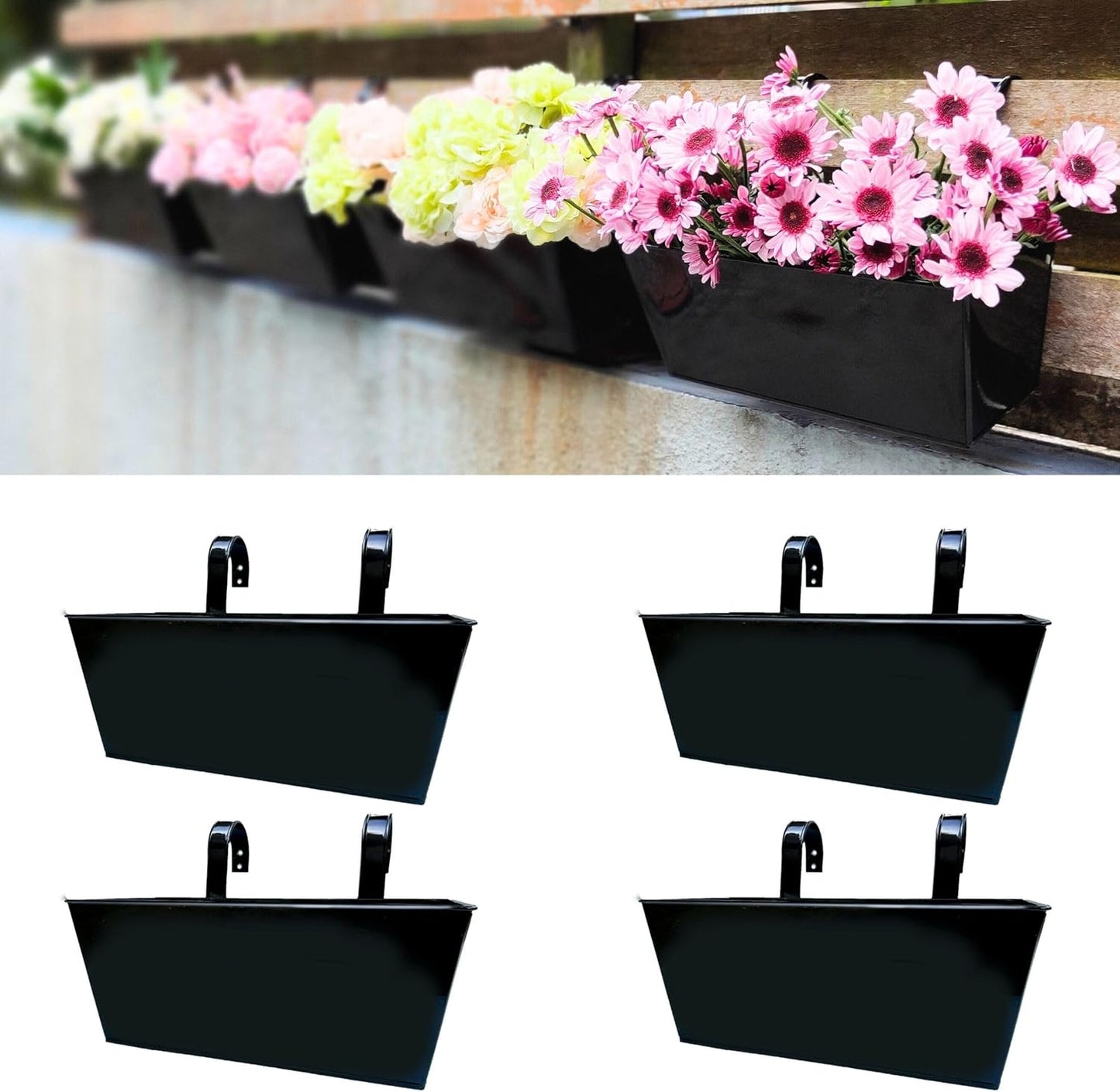 LaLaGreen Rail Planters (6 Pack, 14 Inch) Black Metal Rectangle Strawberry Window Boxes Outdoor Balcony Deck Railing Fence Hanging Flower Herb Pot with Detachable Hook Patio Porch Farmhouse Minimalist