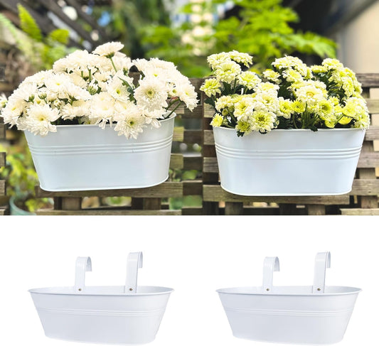 LaLaGreen Planter Boxes for Outdoor (2 Pack, 17 Inch) White Metal Deck Railing Hanging Flower Pots, Large Window Box Plant Holder Hooks Fence Rail Bucket Outside Boho Style Wall Mount Porch Herb Decor