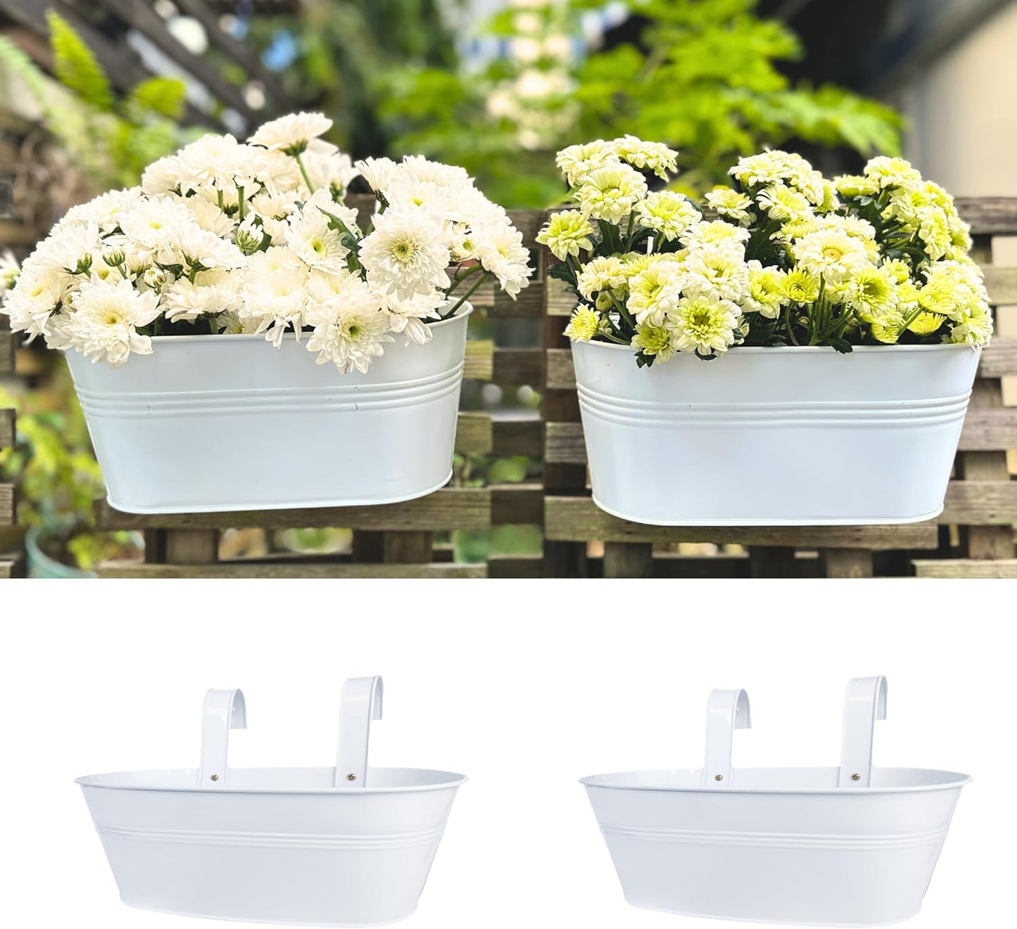LaLaGreen Planter Boxes for Outdoor (2 Pack, 17 Inch) White Metal Deck Railing Hanging Flower Pots, Large Window Box Plant Holder Hooks Fence Rail Bucket Outside Boho Style Wall Mount Porch Herb Decor
