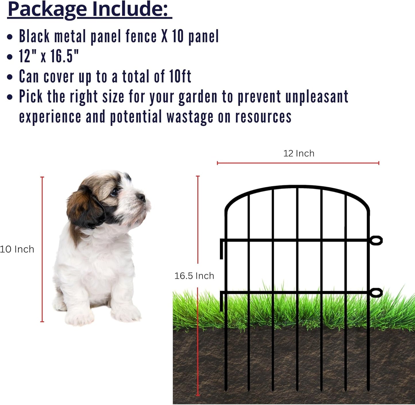 ShopLaLa Garden Fence (10 Panels) 12in(L) x 16.5in(H) Animal Barrier Fencing Rustproof Metal Wire Flower Edging for Landscape Patio Outdoor Decor, Tall Large Yard Fences for Dog No Dig Black D-K16.5