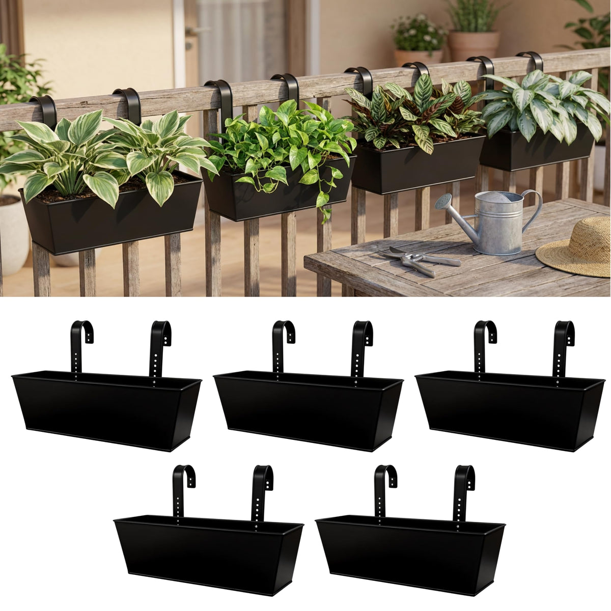 LaLaGreen Large Rail Planter (16 in, Pack) Black Metal Deck Fence Pots