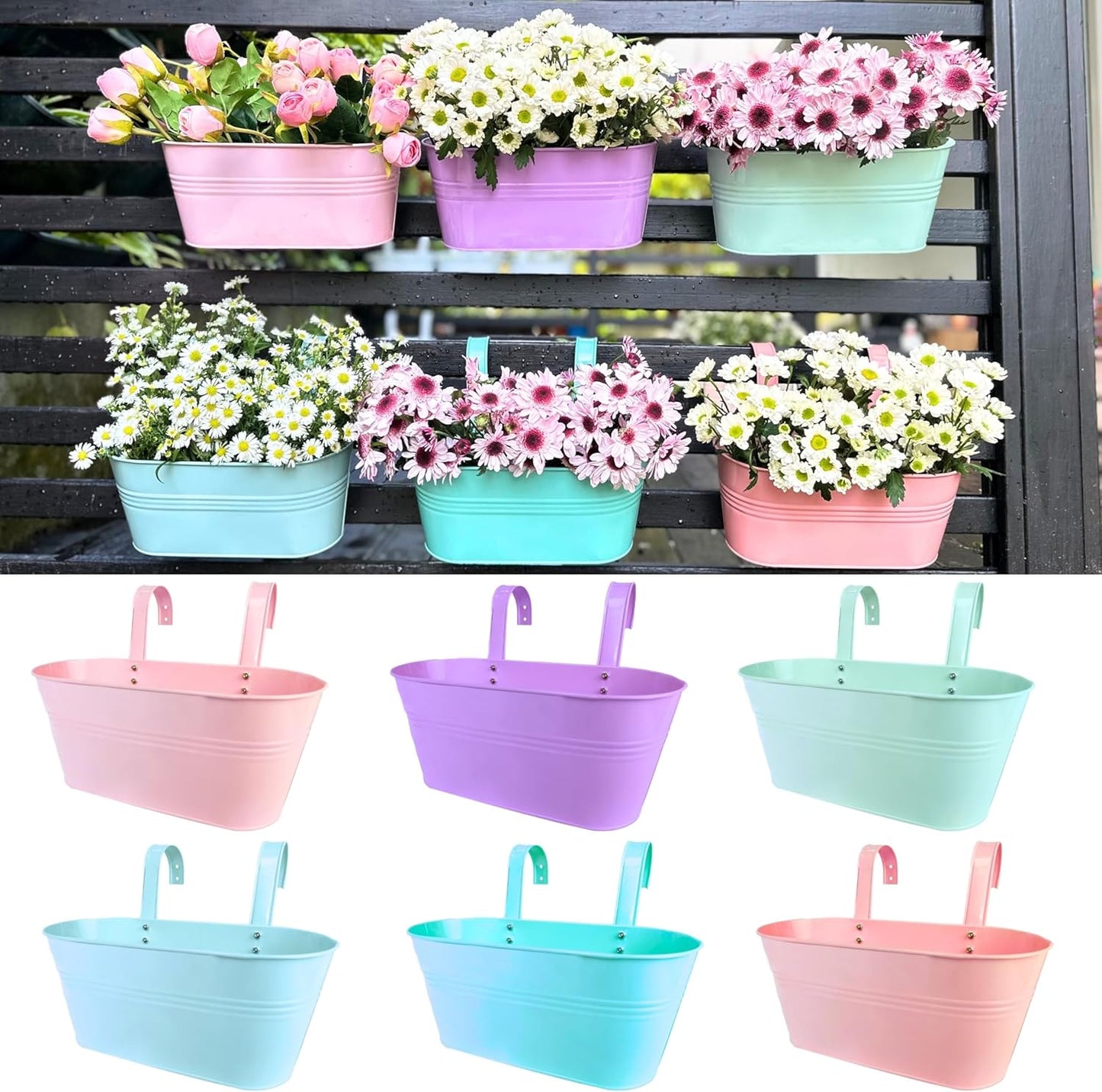 LaLaGreen Outdoor Hanging Planter (11.2 Inch, 6 Pack) Light Purple, Green, Yellow, Cadet Blue, Dark Pink, Red Metal Iron Window Box Flower Pot Deck Railings Balcony Fence Rail Porch Home Garden Decor