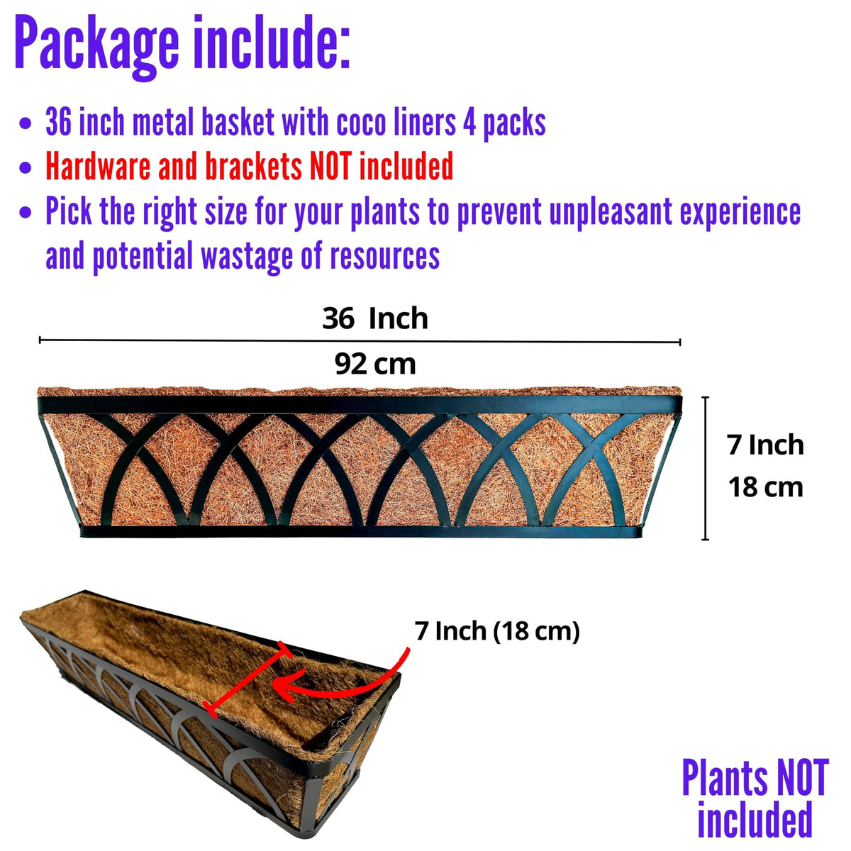 LaLaGreen Wall Planter (2 Pack, 24 Inch) Large Wall Hanging Planter Coco Liner Metal Iron Window Flower Boxes Outdoor Basket Box Attach House Outside Fence Rail Railing Plant Holder Deck Porch Balcony