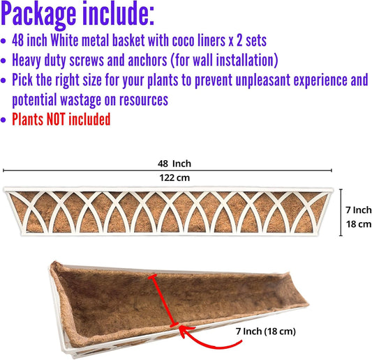 LaLaGreen Wall Planter Outdoor (48 inch, 2 Pack) White Metal Rectangular Hanging Flower Box Planters with Coco Liner Window Boxes Basket Plant Holder Horse Trough Deck Rail Railing Patio Porch Balcony