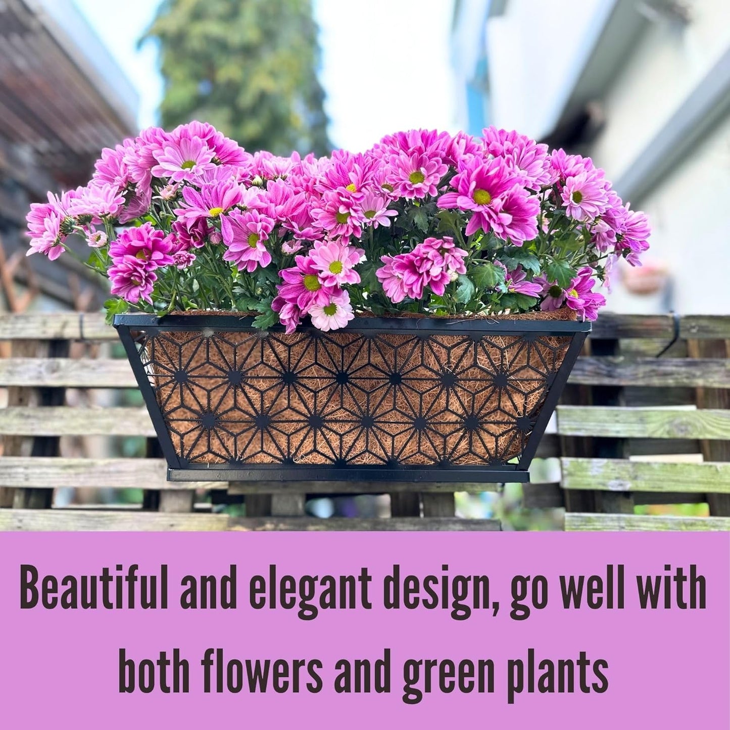 LaLaGreen Window Boxes Planter for Outdoor Plants (4 Pack, 16 Inch) Black Metal Rectangular Flower Pot Wall Planters with Coco Liner Horse Trough Deck Railings Modern Stylish Balcony Fence Porch Patio