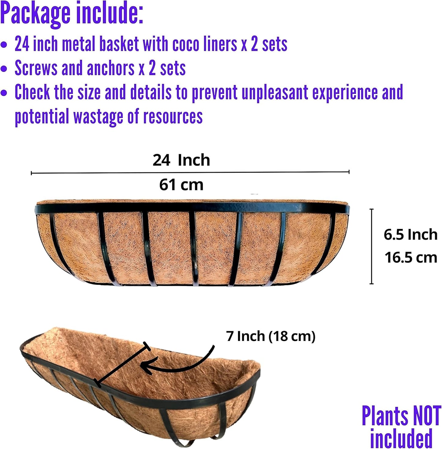 LaLaGreen Deck Railing Planter Boxes for Plants (24 Inch, 2 Pack) Black Metal Wall Planters for Outdoor Plants, Window Flower Box Deck Railings with Coco Liner, Fence Balcony Patio Porch Over Rail