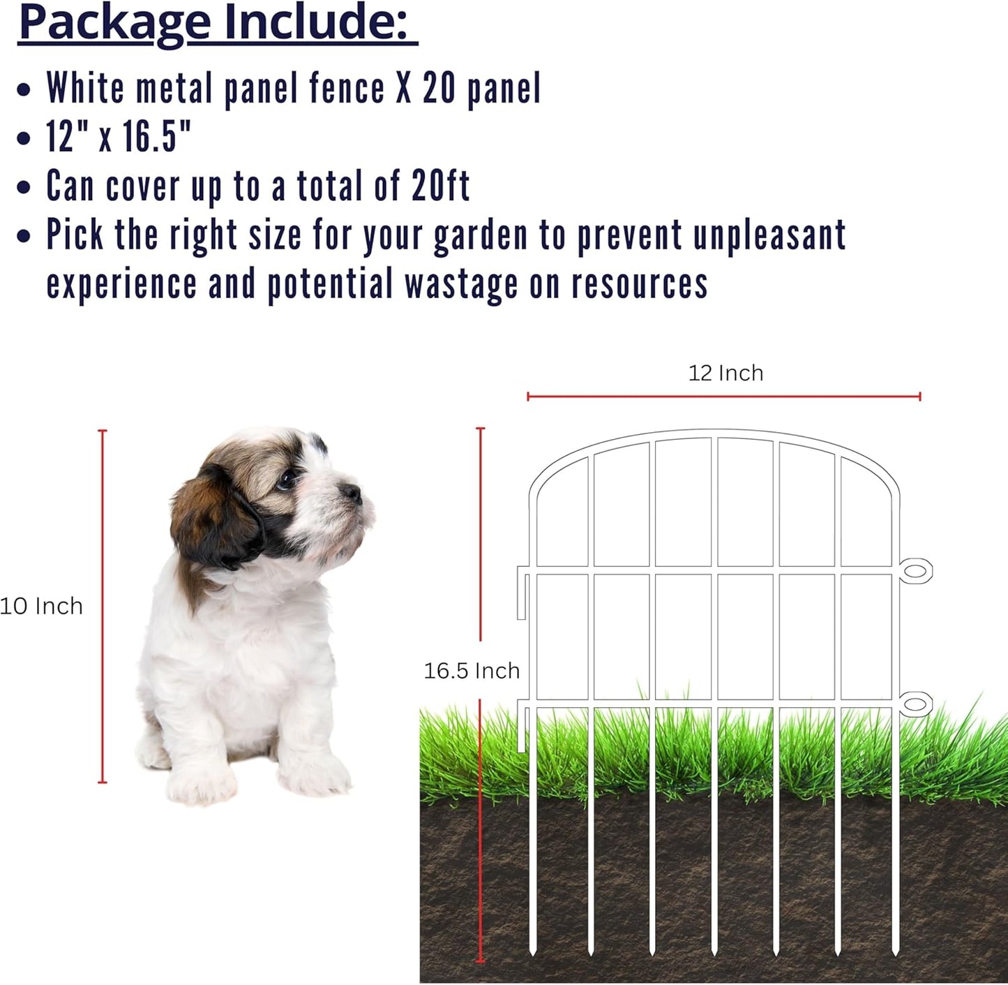 ShopLaLa Garden Fence (10 Panels) 12in(L) x 16.5in(H) Animal Barrier Fencing Rustproof Metal Wire Flower Edging for Landscape Patio Outdoor Decor, Tall Large Yard Fences for Dog No Dig White D-K16.5