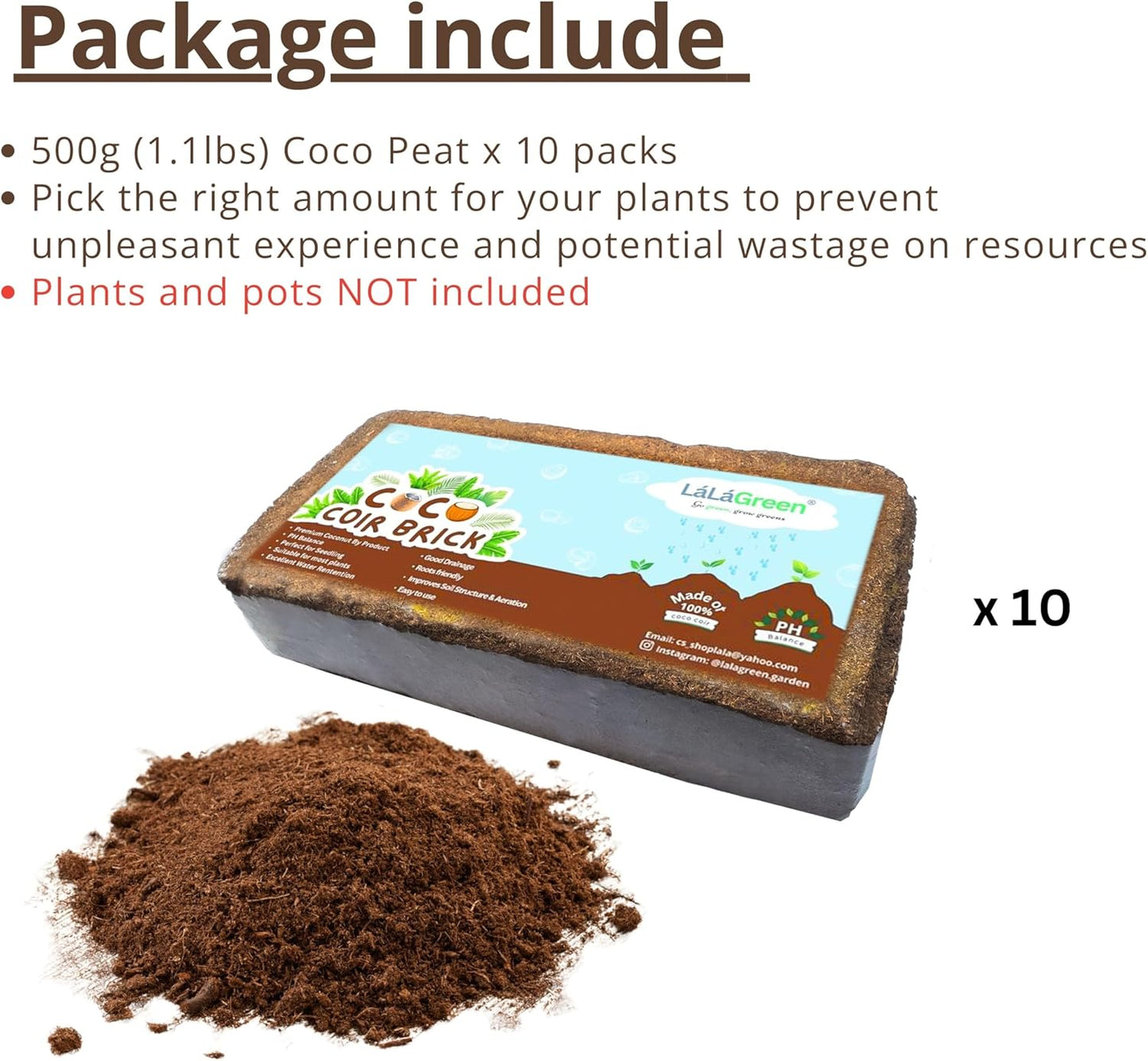 LaLaGreen Indoor Planting Soil (10 Pack, 500g) Organic Shredded Coconut Husk Fiber Brick Orchid Peat Moss for Plants, Fertilizer for Outdoor Plant Seed Starter Coco Coir for Herb Flower Home Gardening