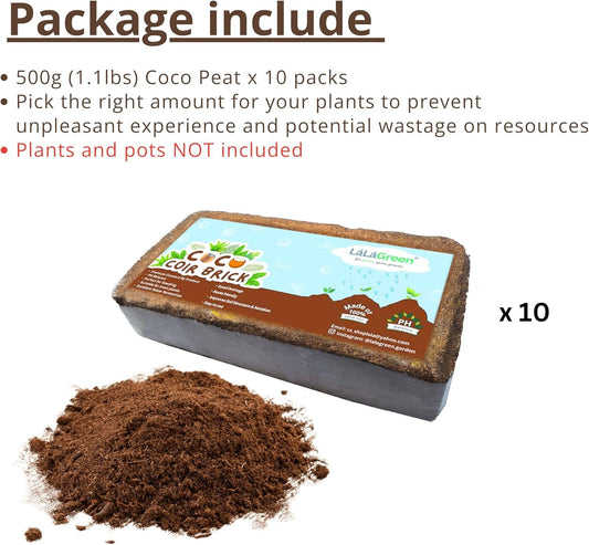 LaLaGreen Indoor Planting Soil (10 Pack, 500g) Organic Shredded Coconut Husk Fiber Brick Orchid Peat Moss for Plants, Fertilizer for Outdoor Plant Seed Starter Coco Coir for Herb Flower Home Gardening