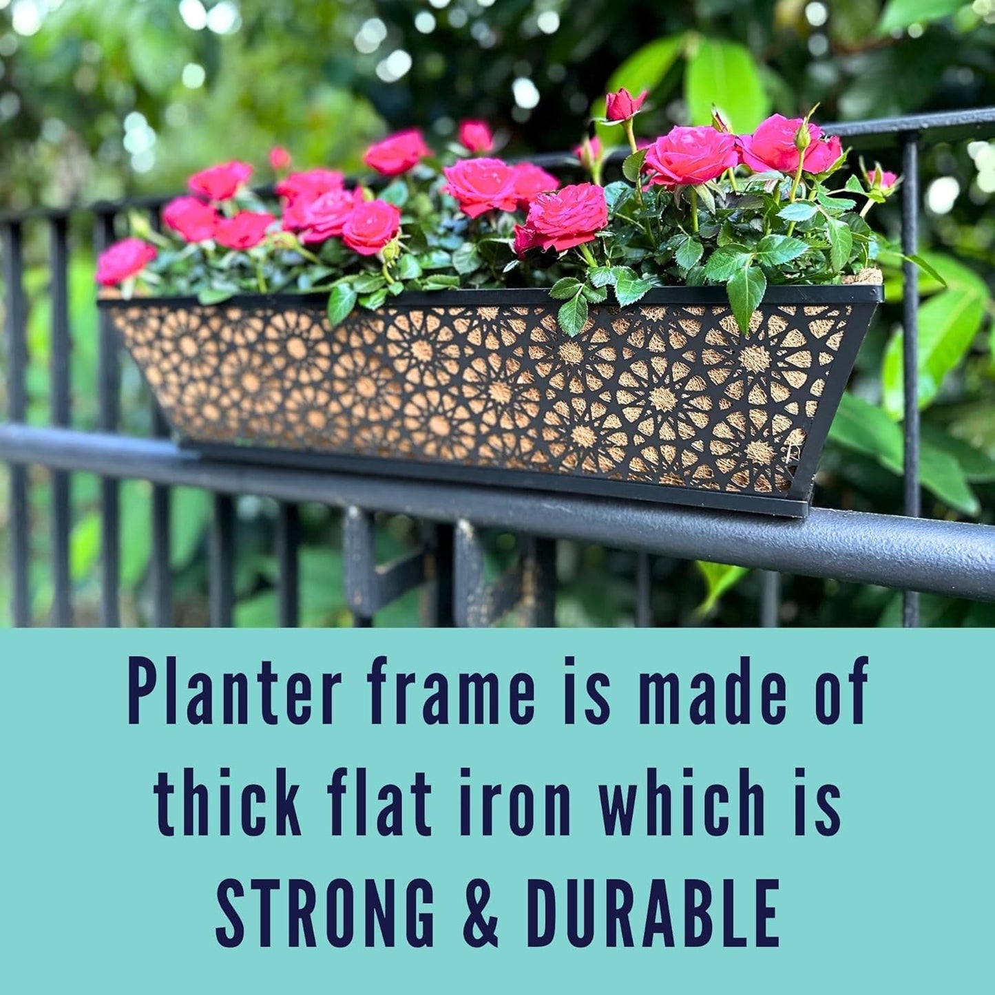 LaLaGreen Window Boxes Planters for Outdoor Plants (2 Pack, 24 Inch) Large Fence Hanging Planter Metal Deck Railing Flower Box with Coco Liner, Trendy Horse Troughs Balcony Pots Patio Porch Over Rail