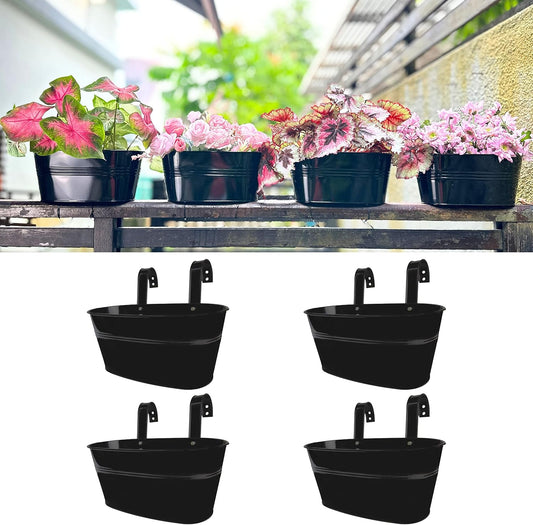 LaLaGreen Outdoor Rail Planter for Balcony (4 Pack, 9.8 Inch) Small and Cute Black Metal Iron Fence Hanging Flower Pots Deck Railings Buckets Boho Style Window Box Plant Holder Hooks Porch Decor