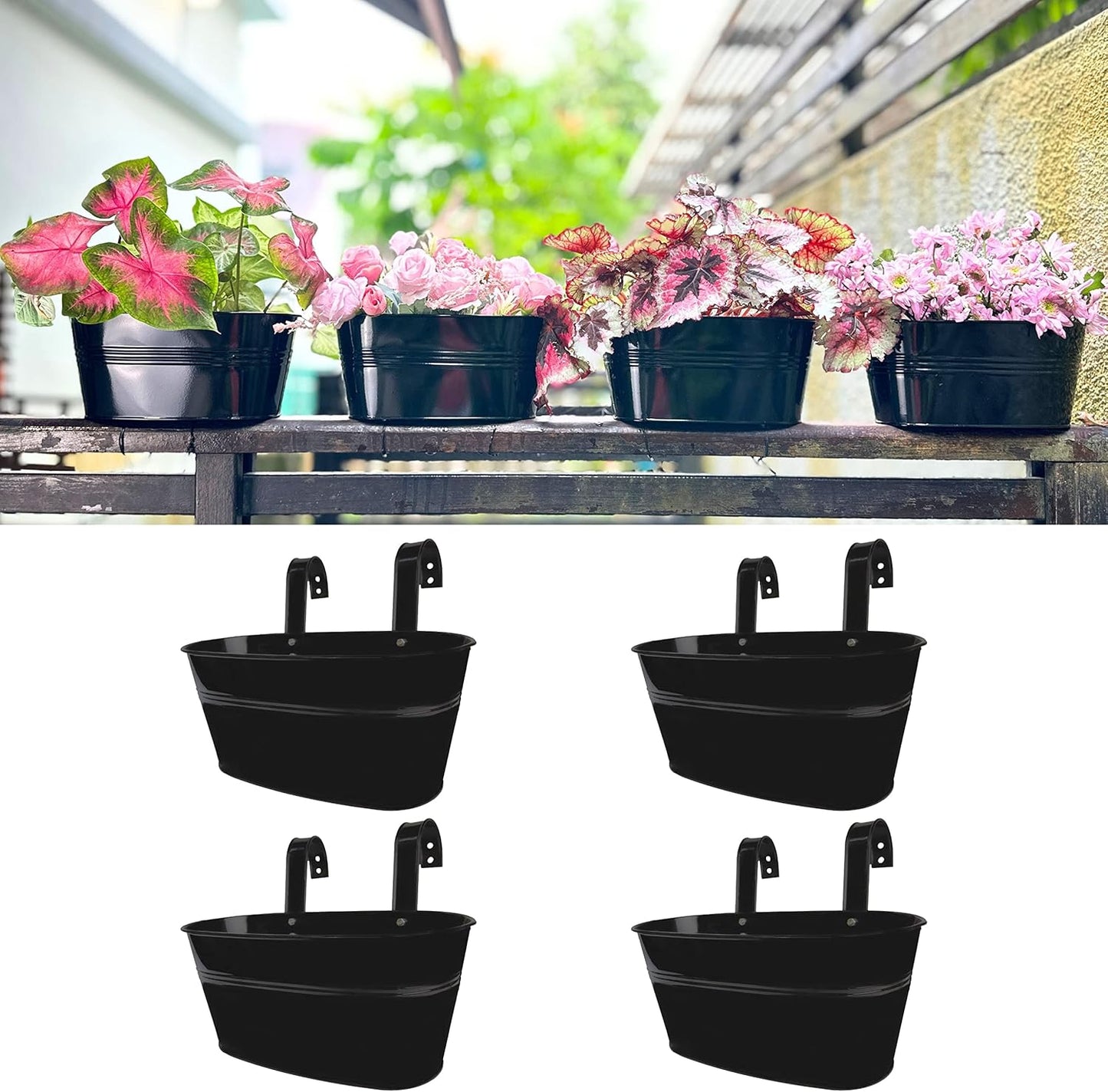 LaLaGreen Outdoor Rail Planter for Balcony (4 Pack, 9.8 Inch) Small and Cute Black Metal Iron Fence Hanging Flower Pots Deck Railings Buckets Boho Style Window Box Plant Holder Hooks Porch Decor