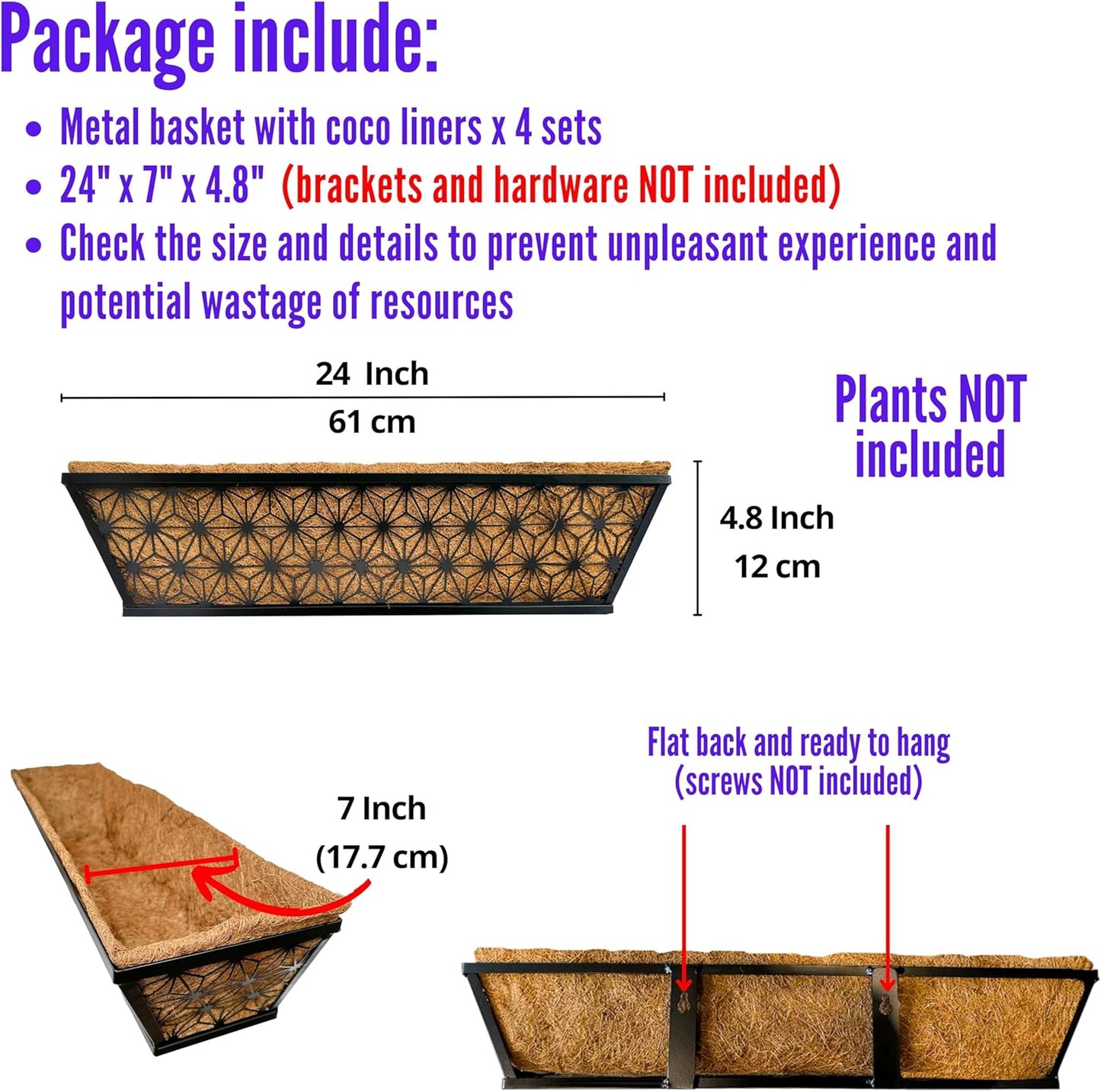 LaLaGreen Window Boxes Planter for Outdoor Plants (4 Pack, 24 Inch) Black Metal Rectangular Flower Pot Wall Planters with Coco Liner, Modern Stylish Horse Trough Railing Deck Rail Fence Balcony Patio