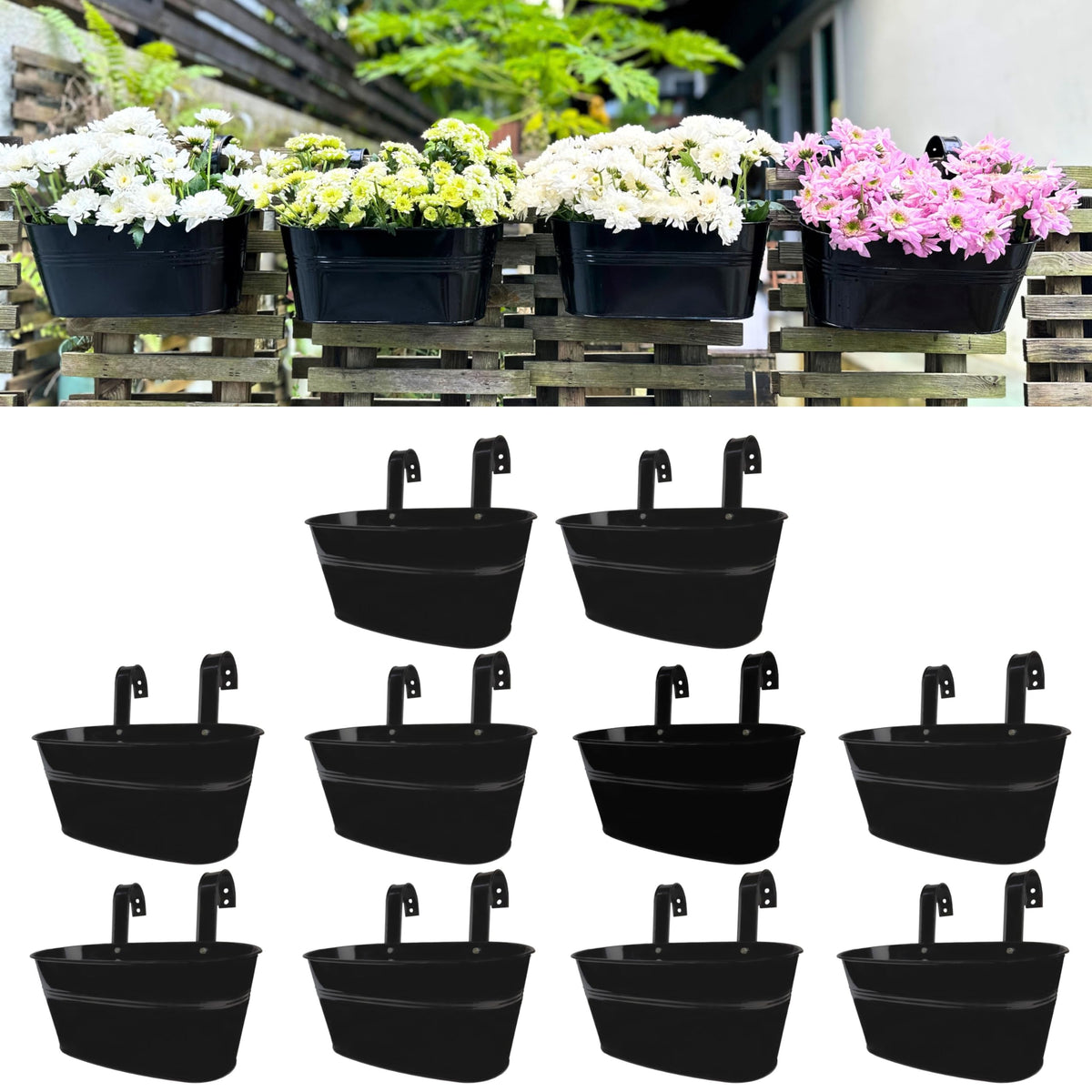 LaLaGreen Hanging Oval Metal Railing Bucket Planters