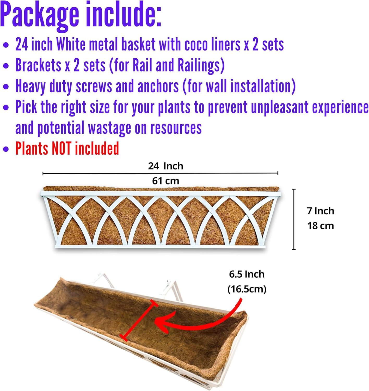 LaLaGreen Railing Planter Boxes (2 Pack, 24 Inch) White Metal Rectangular Window Flower Box with Coco Liner, Hanging Planters for Outdoor Plants Holder Deck Rail Fence Balcony Patio Porch Garden Decor
