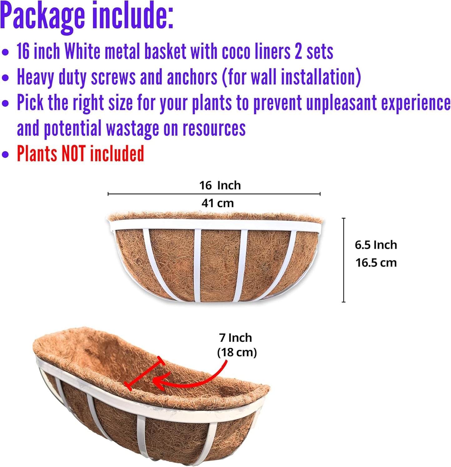 LaLaGreen Window Planter Box (16 Inch, 2 Pack) White Metal Deck Railing Flower Boxes with Coco Liners, Rectangular Wall Planters for Outdoor Plants Horse Troughs Fence Balcony Garden Herb Patio Porch